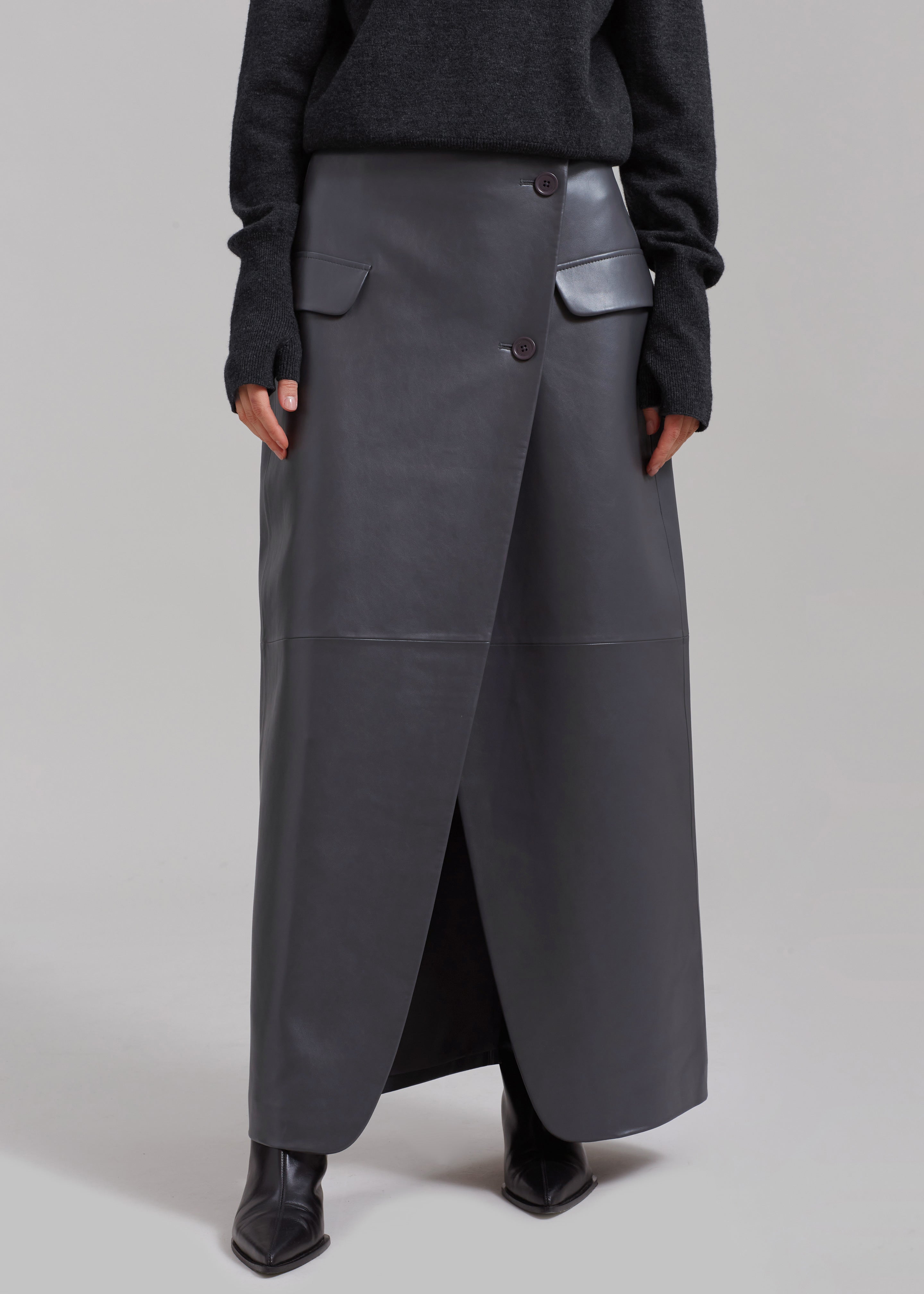 Nan Long Faux Leather Cross Skirt - Grey - 4