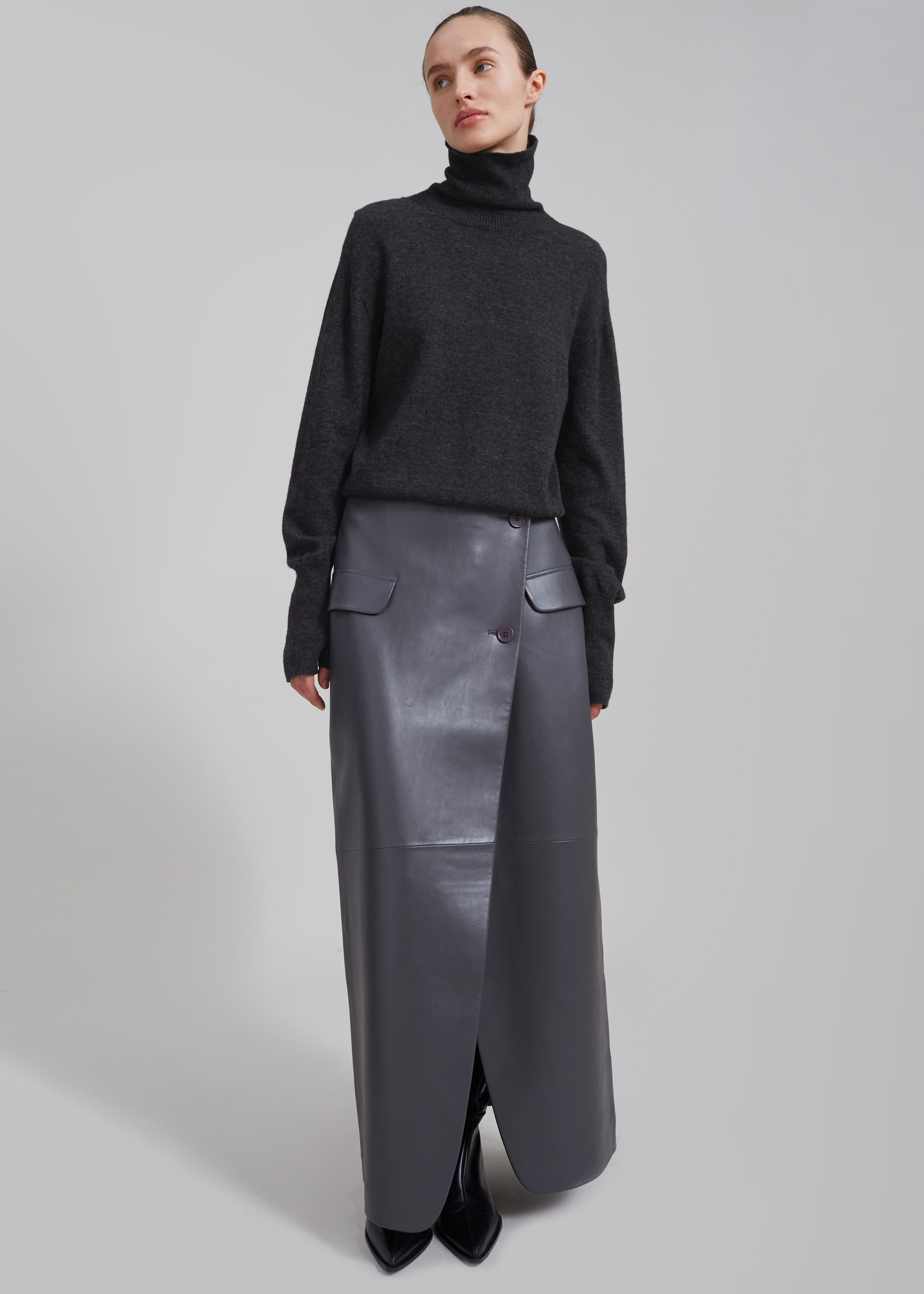 Nan Long Faux Leather Cross Skirt - Grey - 5