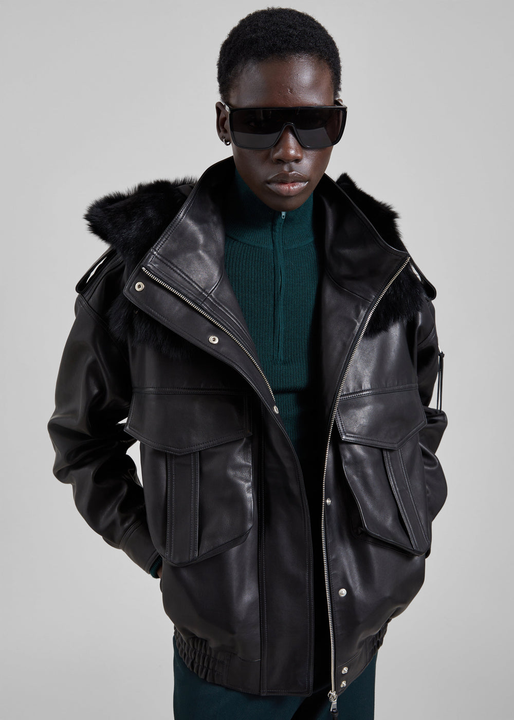 Napa Leather Hooded Jacket - Black