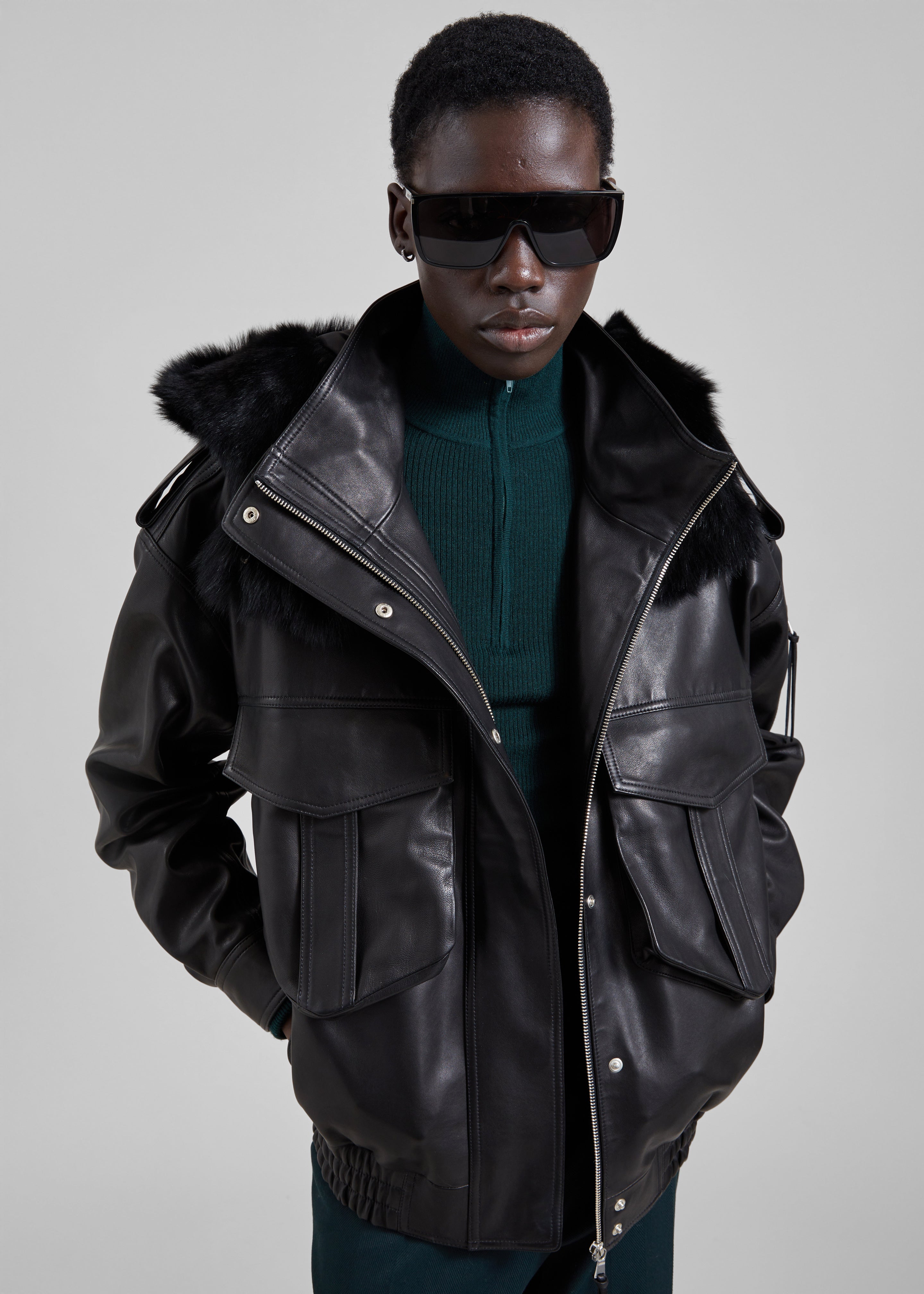 Napa Leather Hooded Jacket - Black - 1