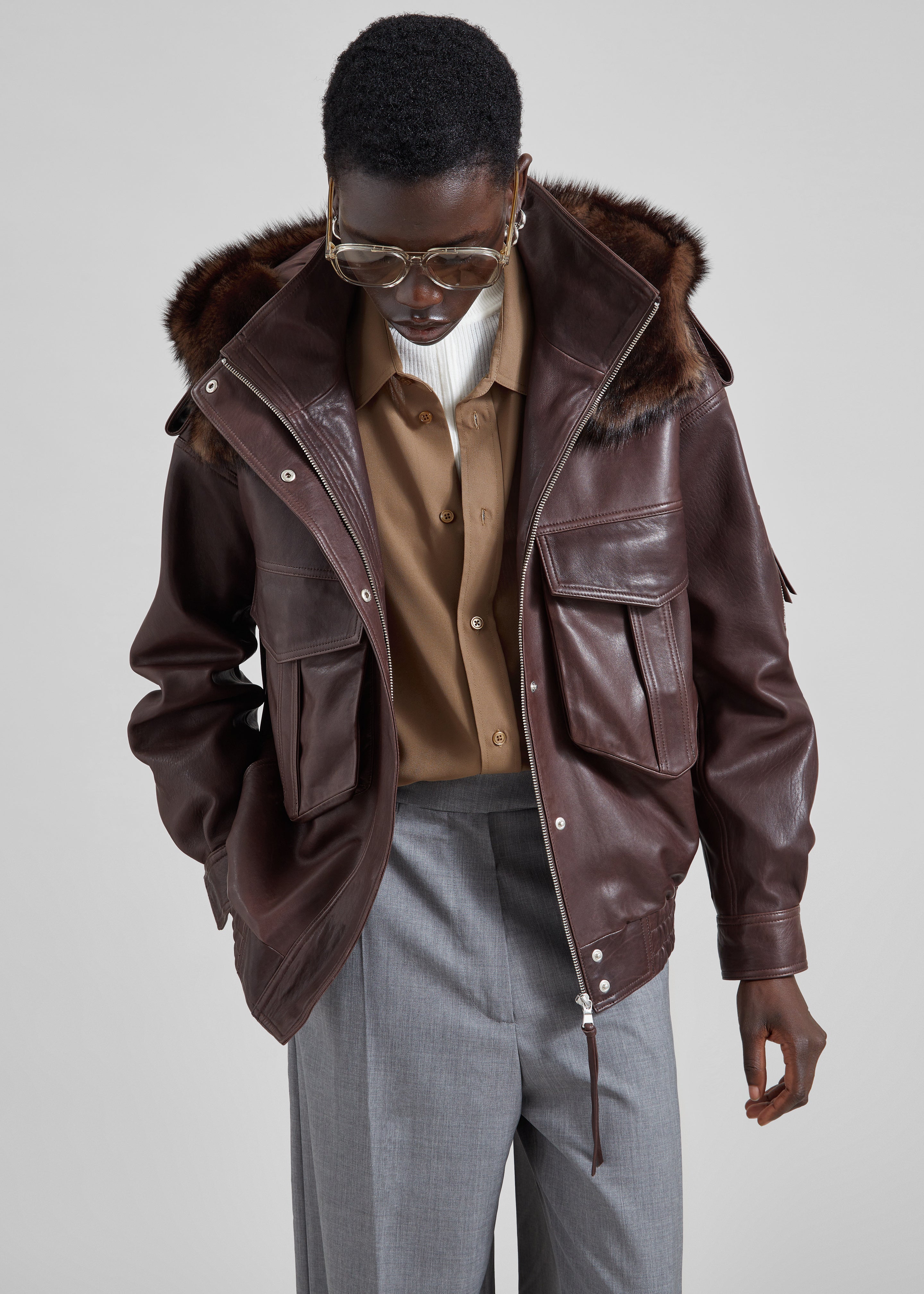 Napa Leather Hooded Jacket - Brown - 2