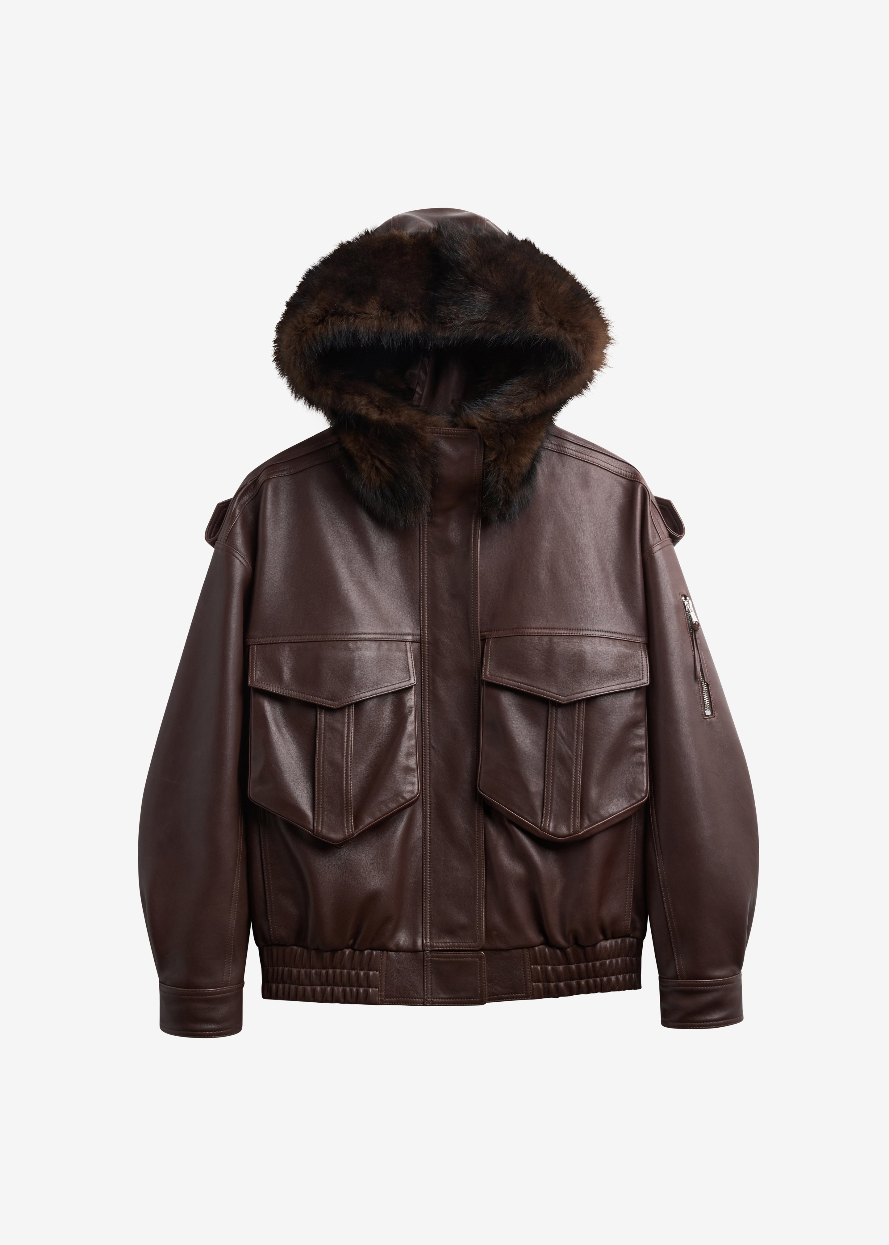 Napa Leather Hooded Jacket - Brown - 9