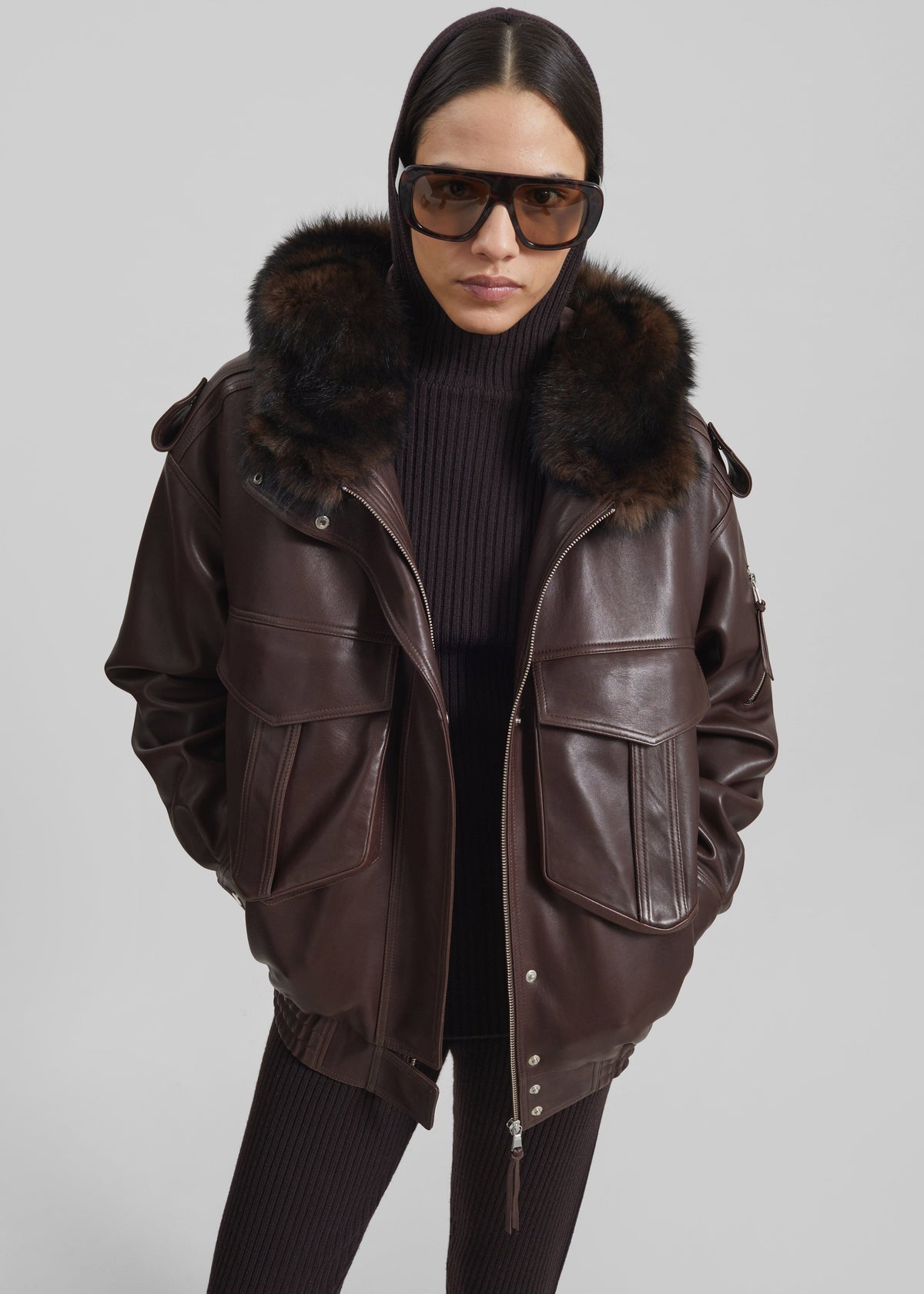 Napa Leather Hooded Jacket - Brown - 7