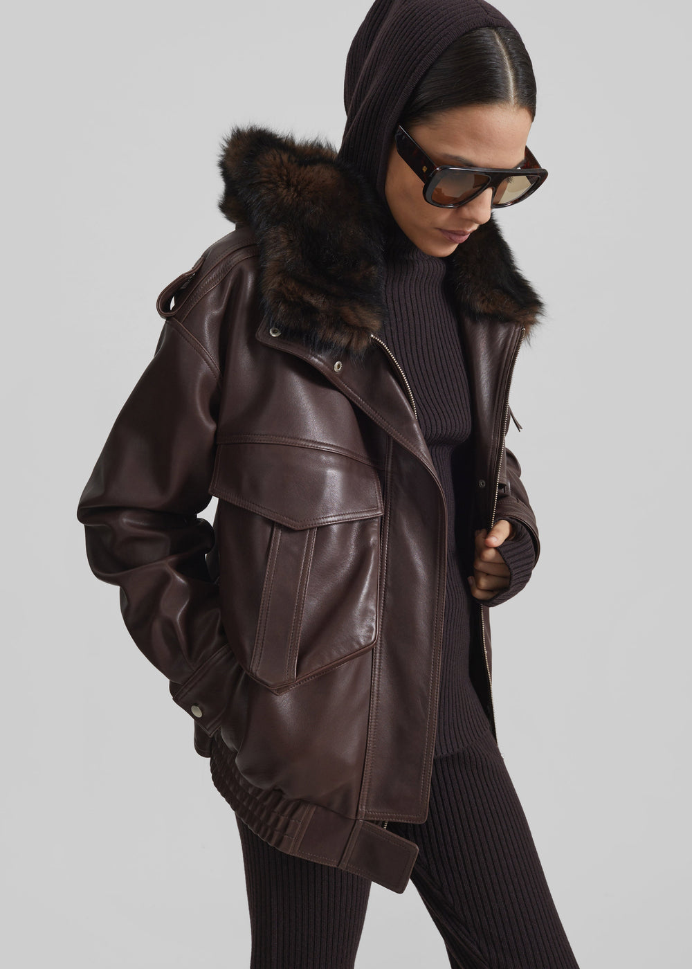 Napa Leather Hooded Jacket - Brown