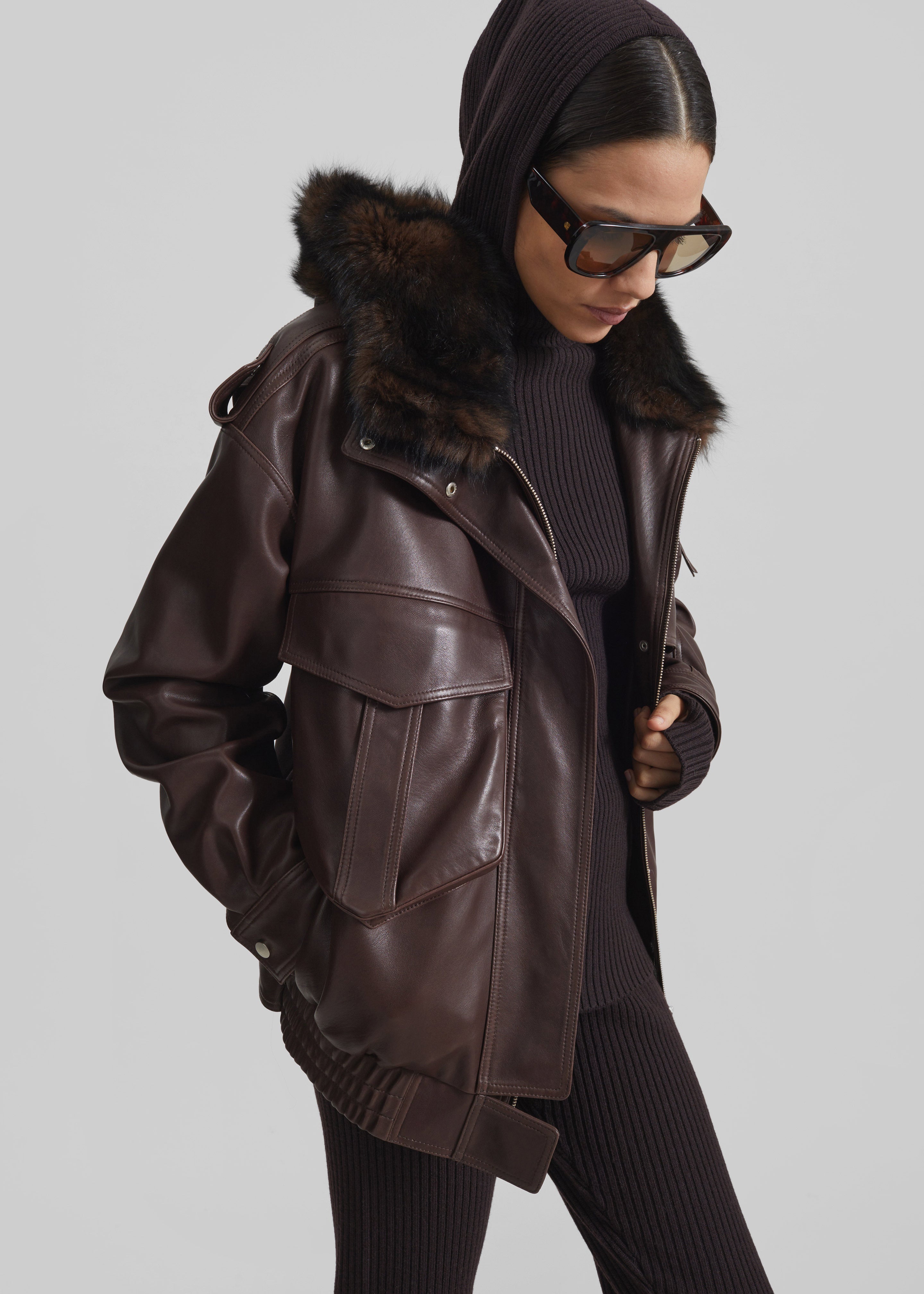 Napa Leather Hooded Jacket - Brown - 1
