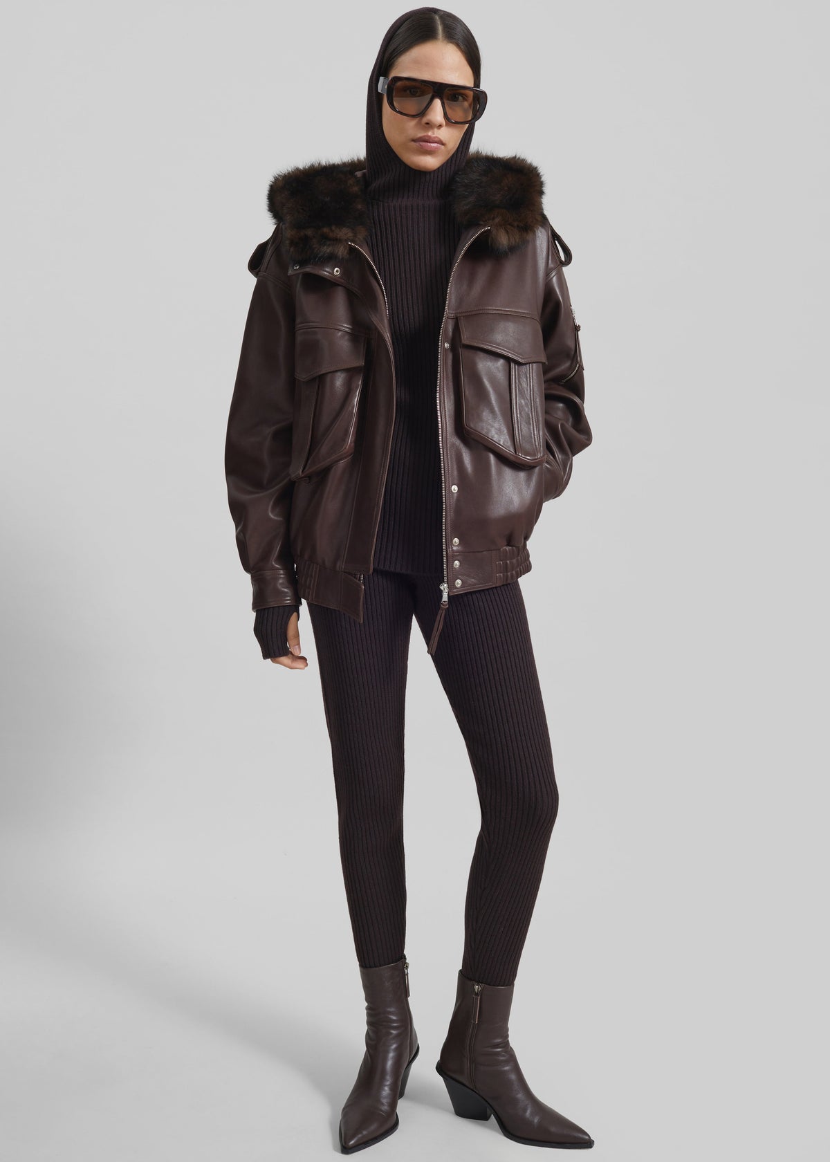 Napa Leather Hooded Jacket - Brown - 6