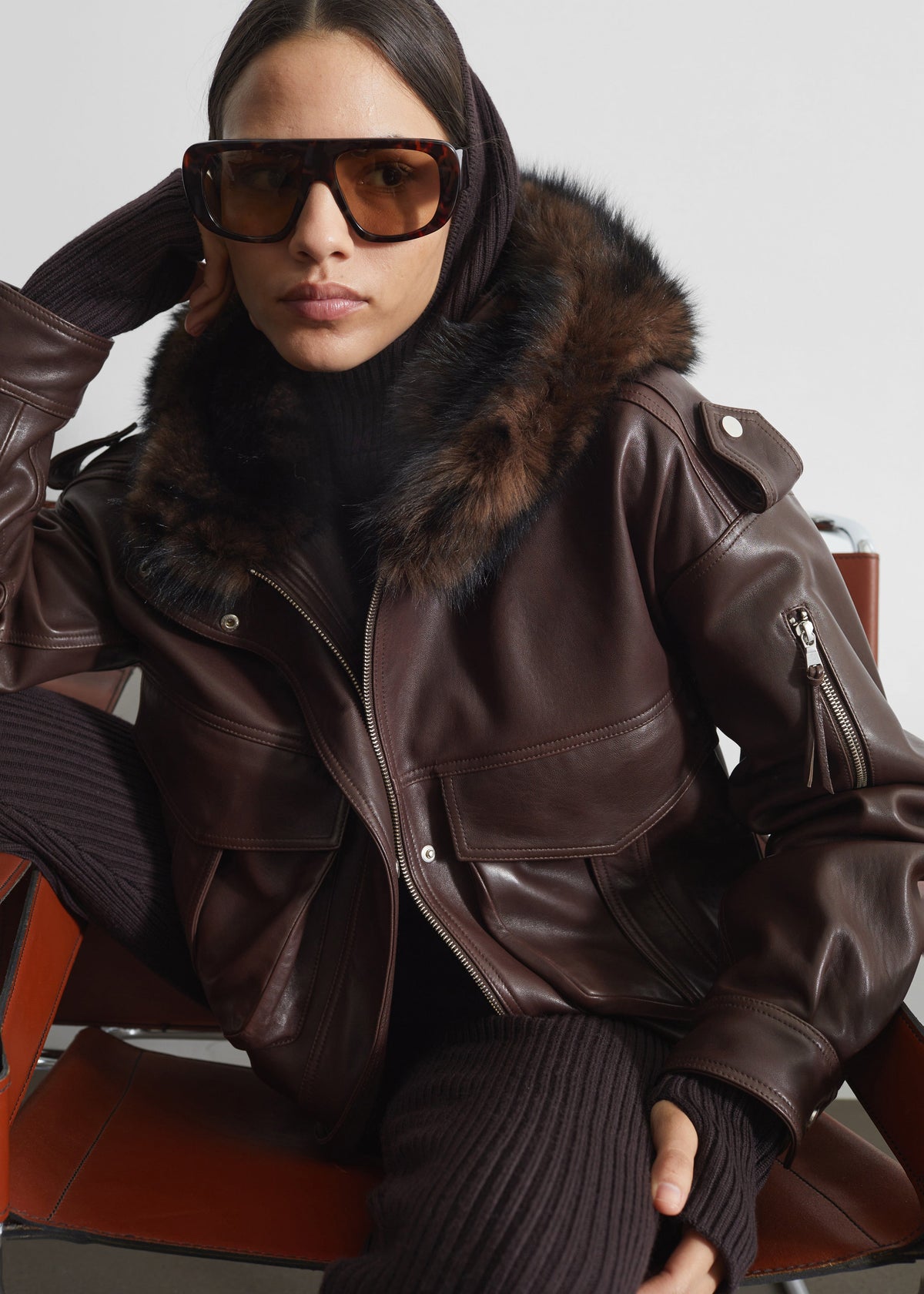 Napa Leather Hooded Jacket - Brown - 3