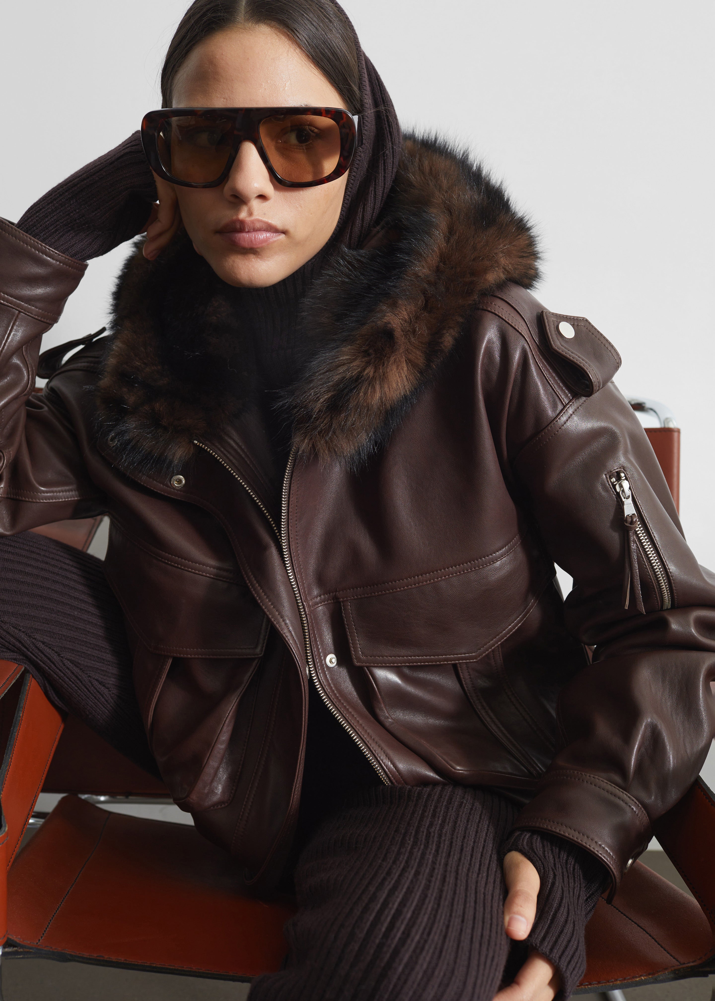 Napa Leather Hooded Jacket - Brown - 3