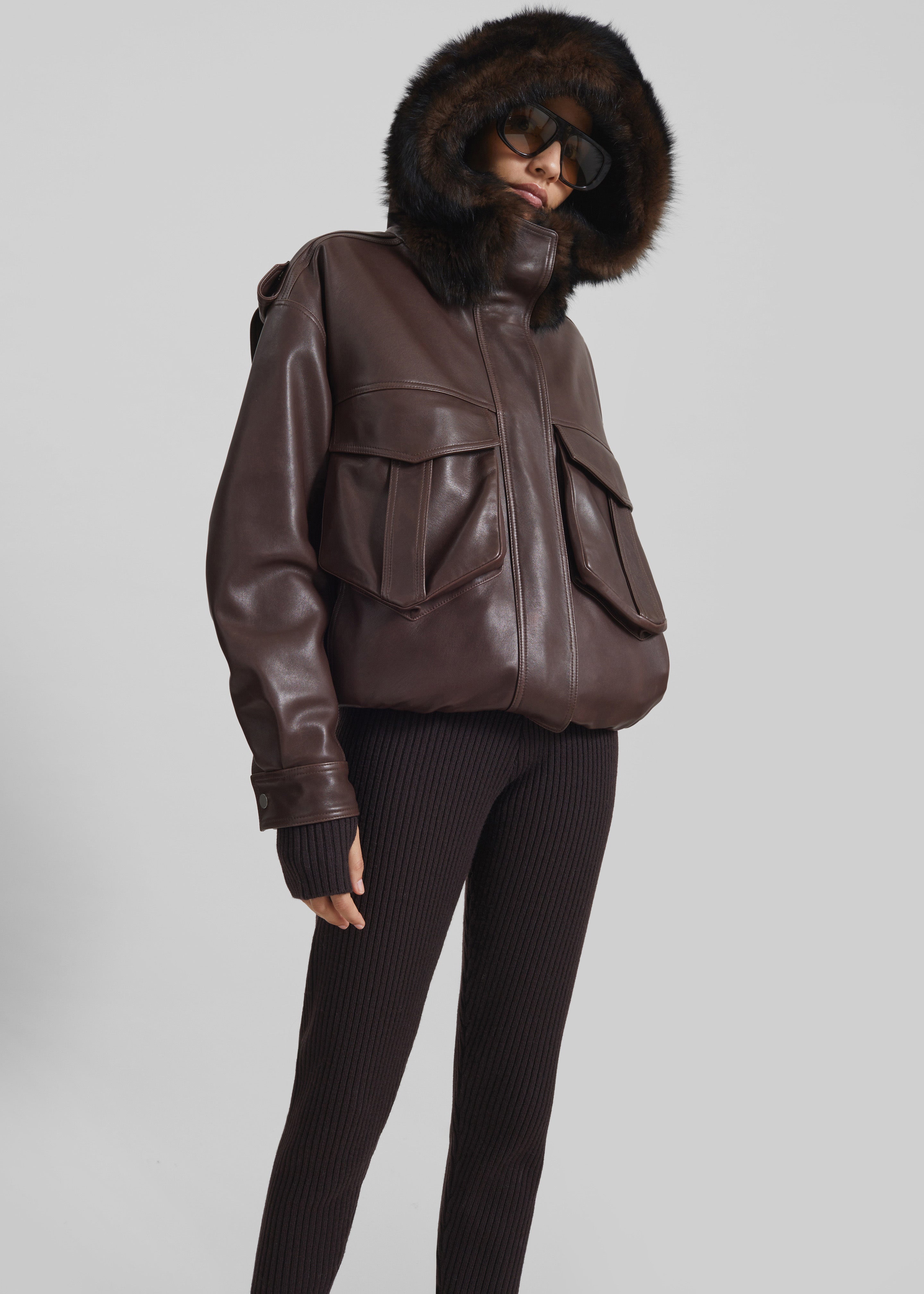 Napa Leather Hooded Jacket - Brown - 4