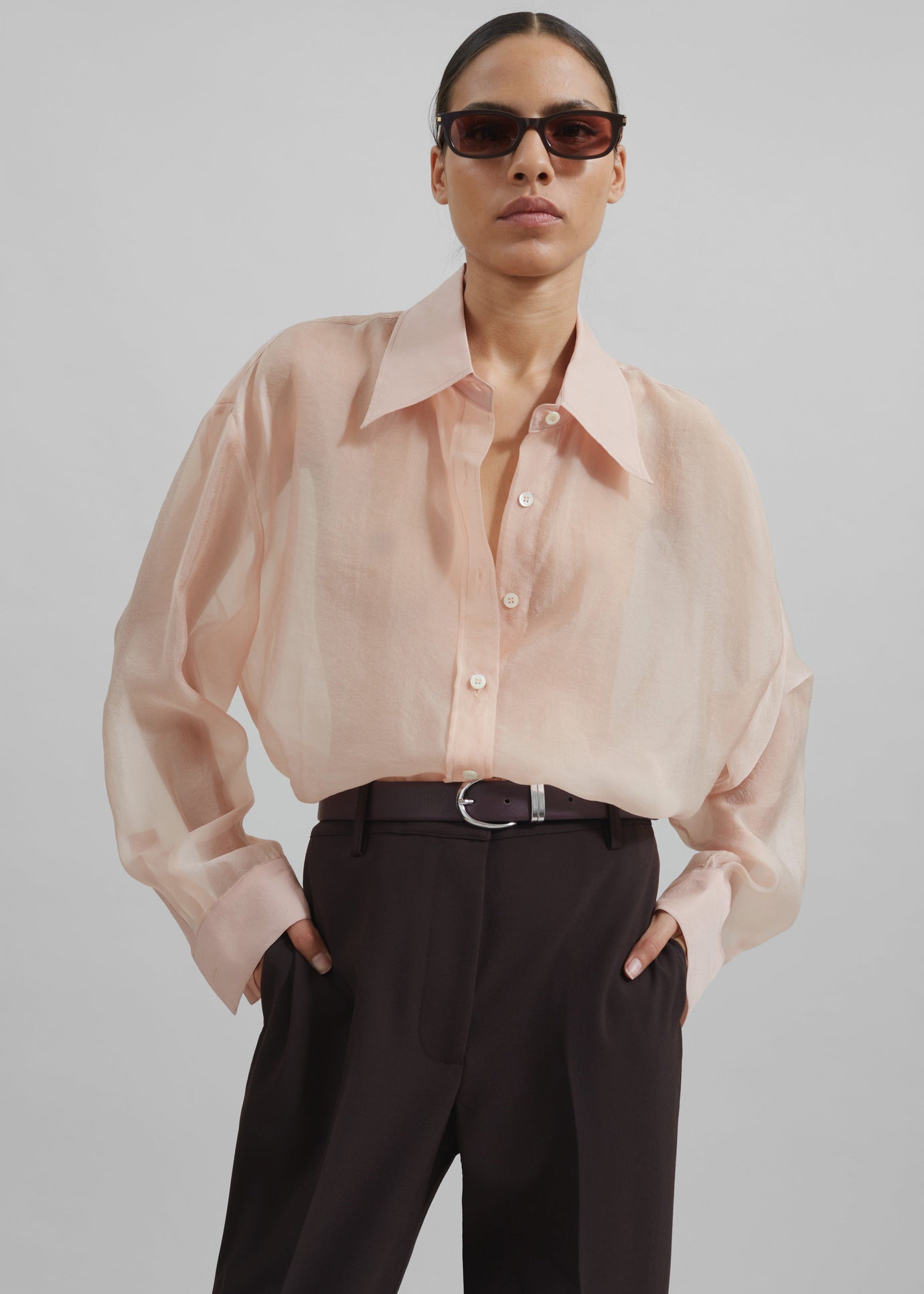 Nel Sheer Button Up Shirt - Pink - 1