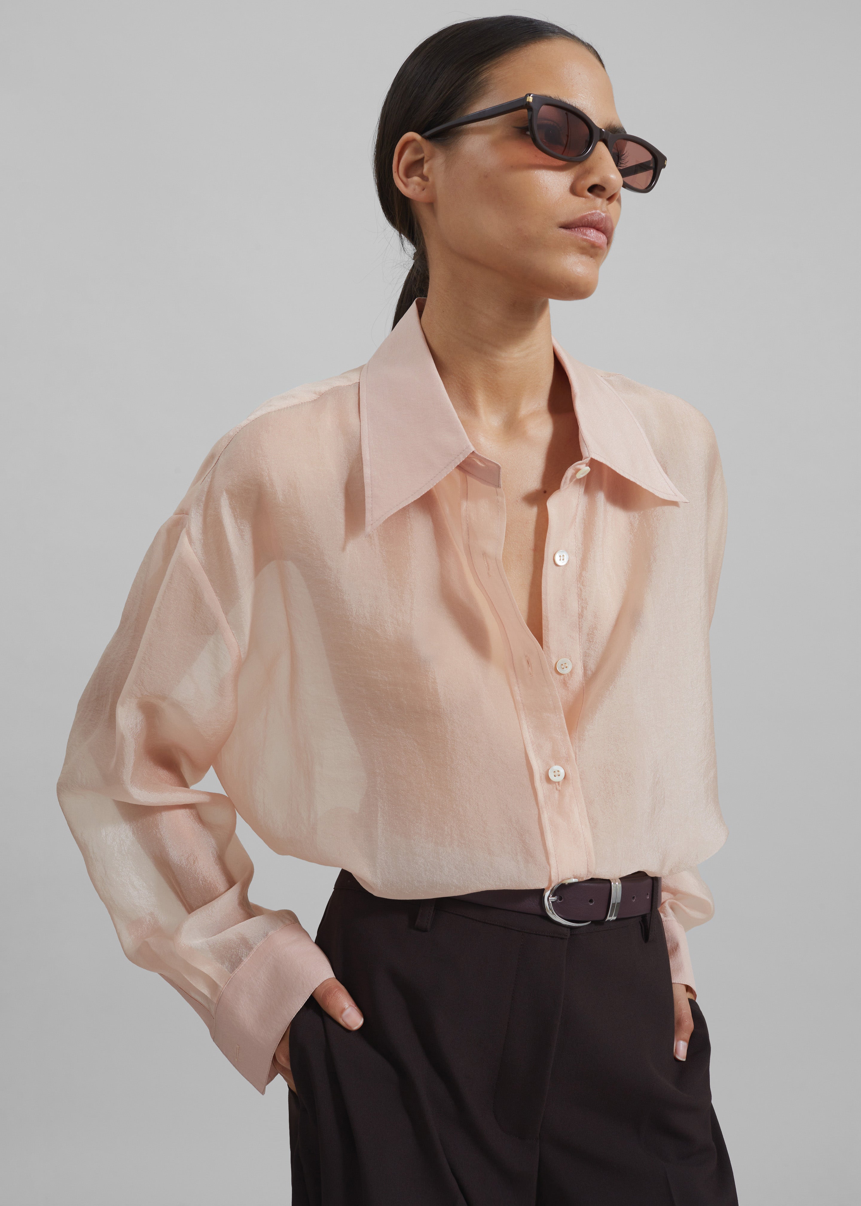 Nel Sheer Button Up Shirt - Pink - 7