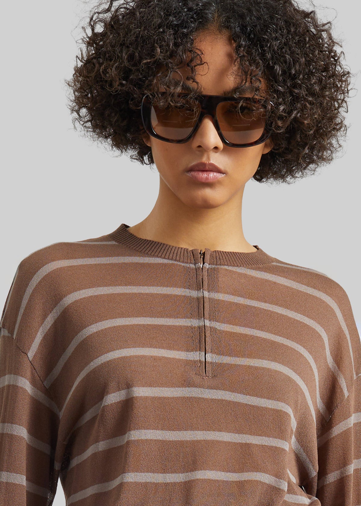 Nelas Knit Sheer Zip Pullover - Brown Stripe - 3