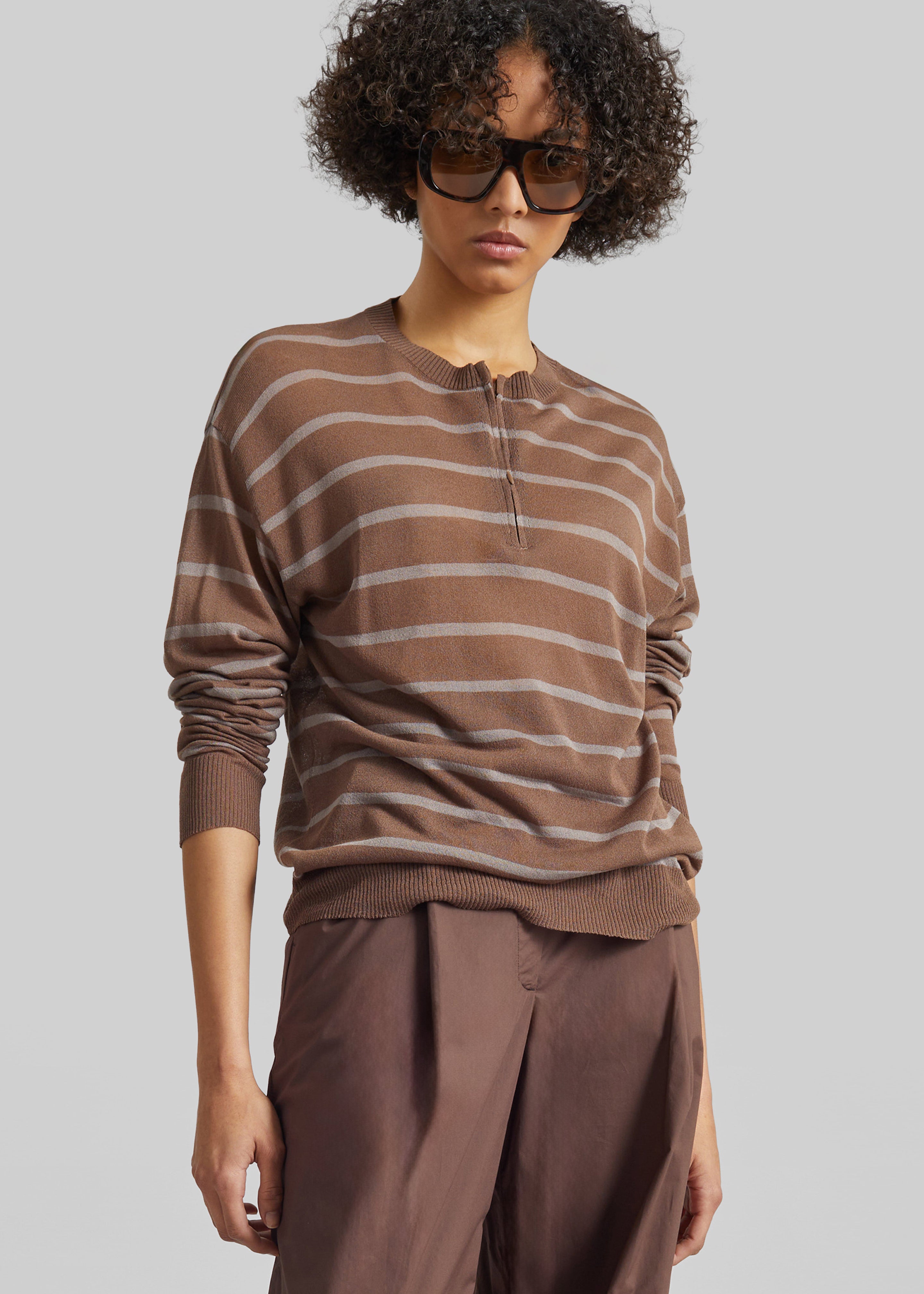 Nelas Knit Sheer Zip Pullover - Brown Stripe - 1