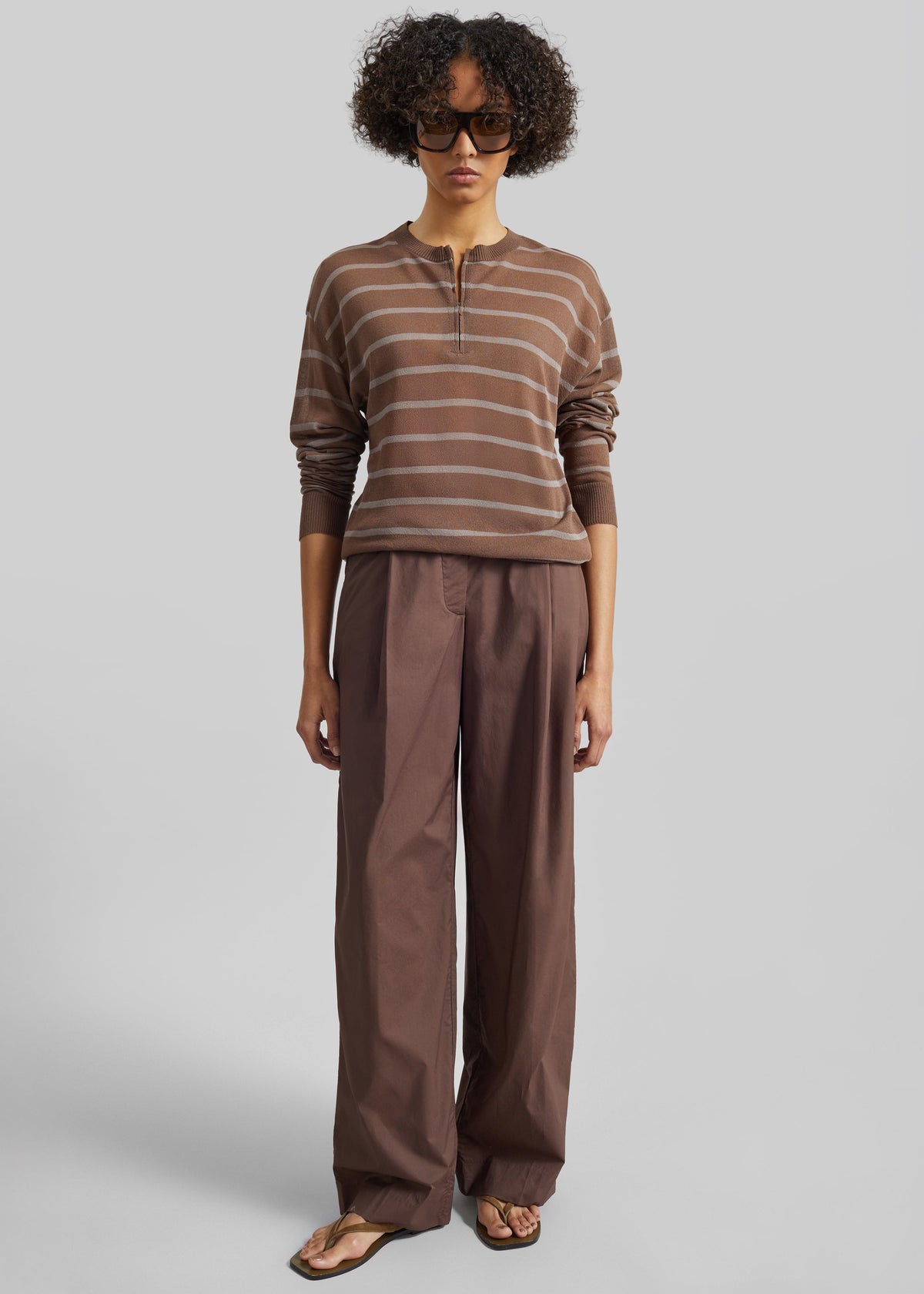 Nelas Knit Sheer Zip Pullover - Brown Stripe - 2