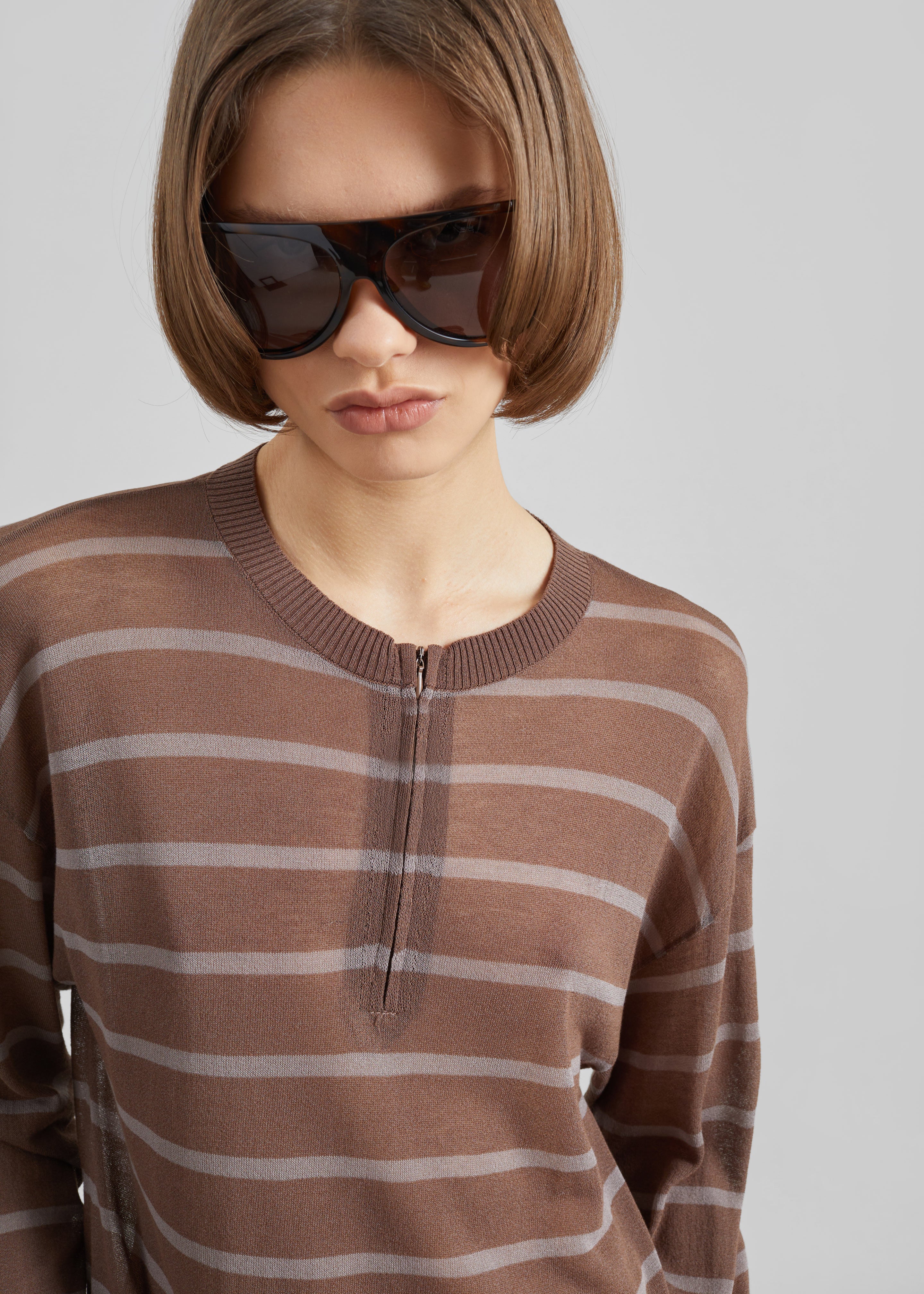 Nelas Knit Sheer Zip Pullover - Brown Stripe - 1