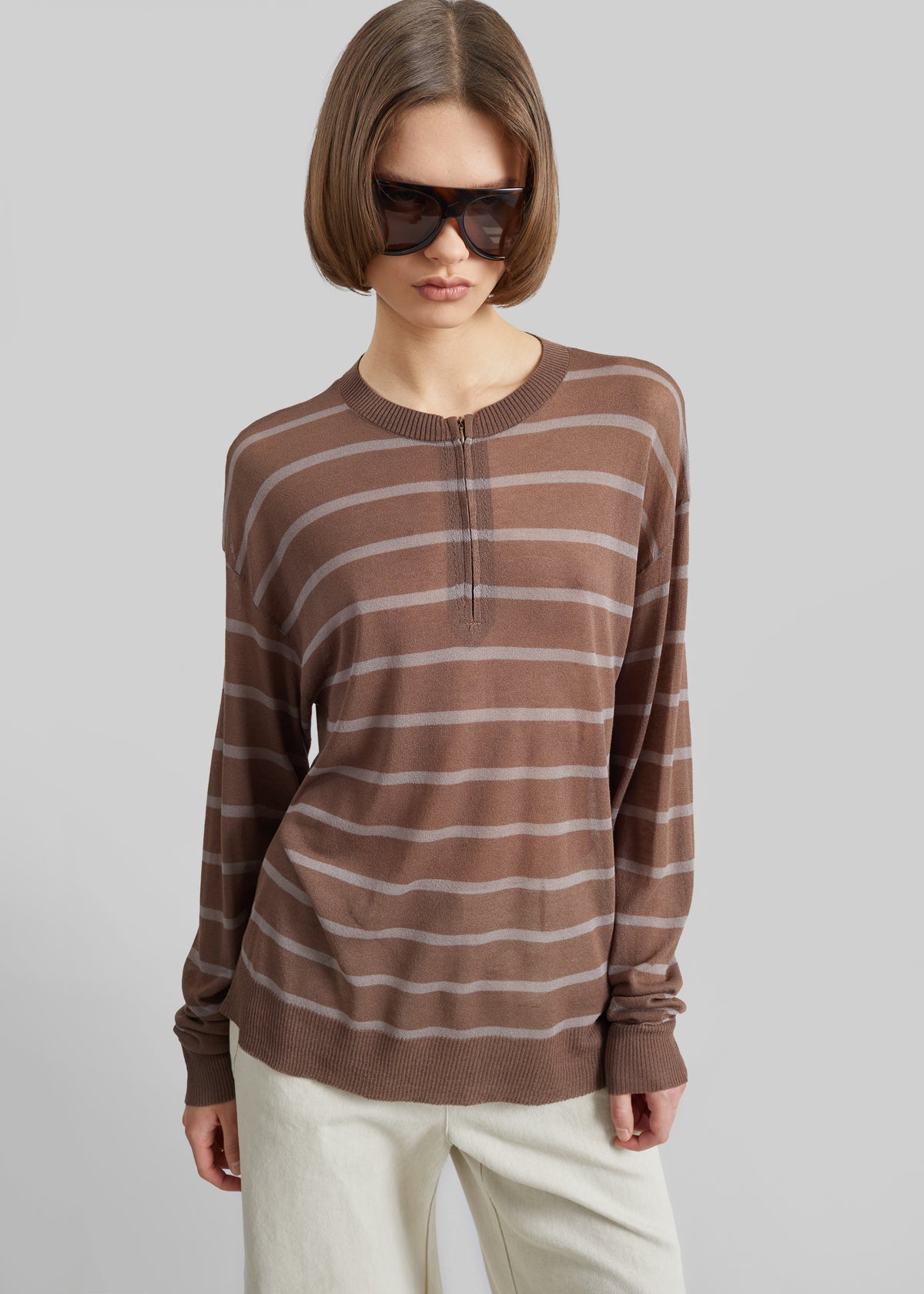Nelas Knit Sheer Zip Pullover - Brown Stripe - 2