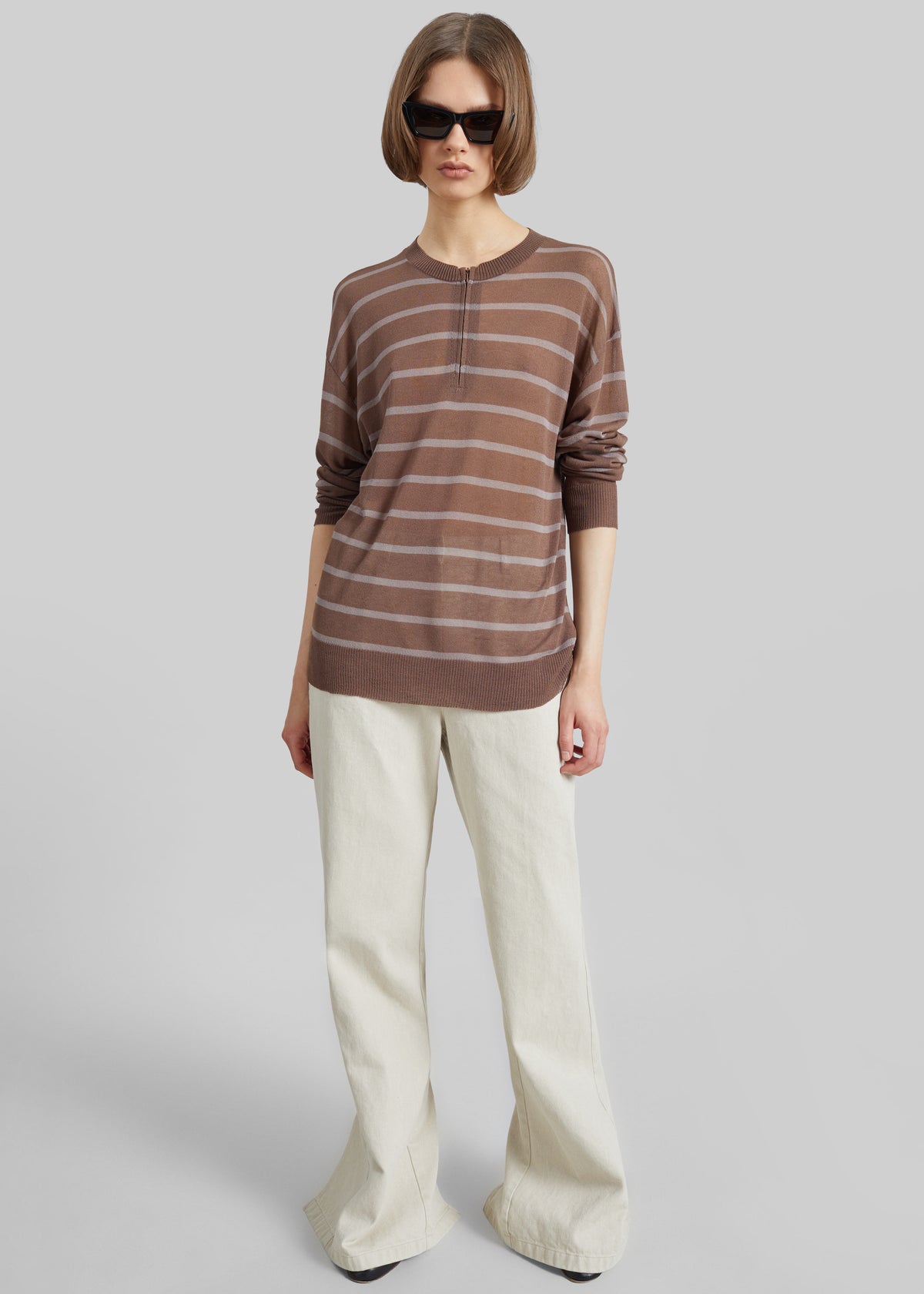 Nelas Knit Sheer Zip Pullover - Brown Stripe - 4