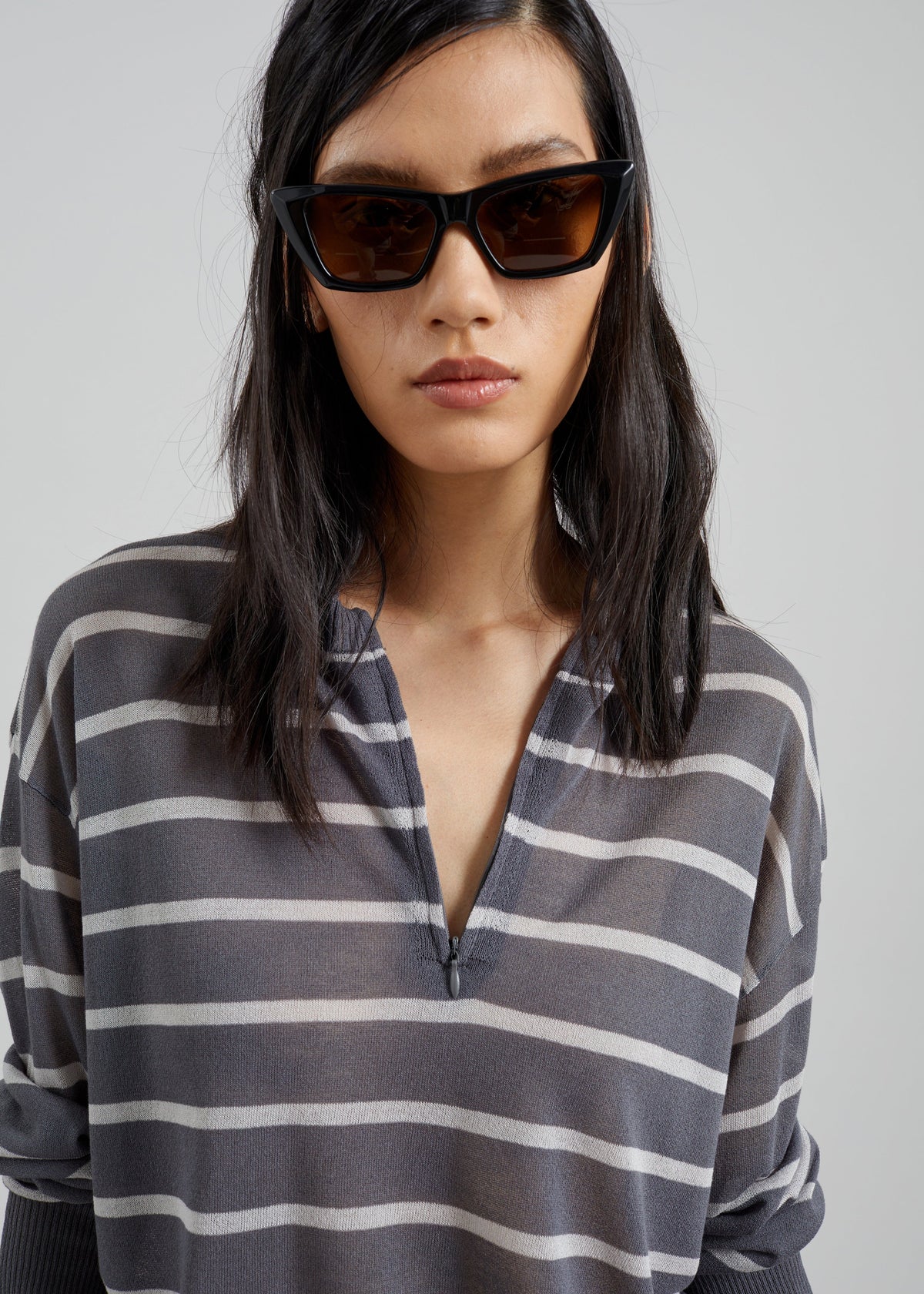 Nelas Knit Sheer Zip Pullover - Grey Stripe - 2