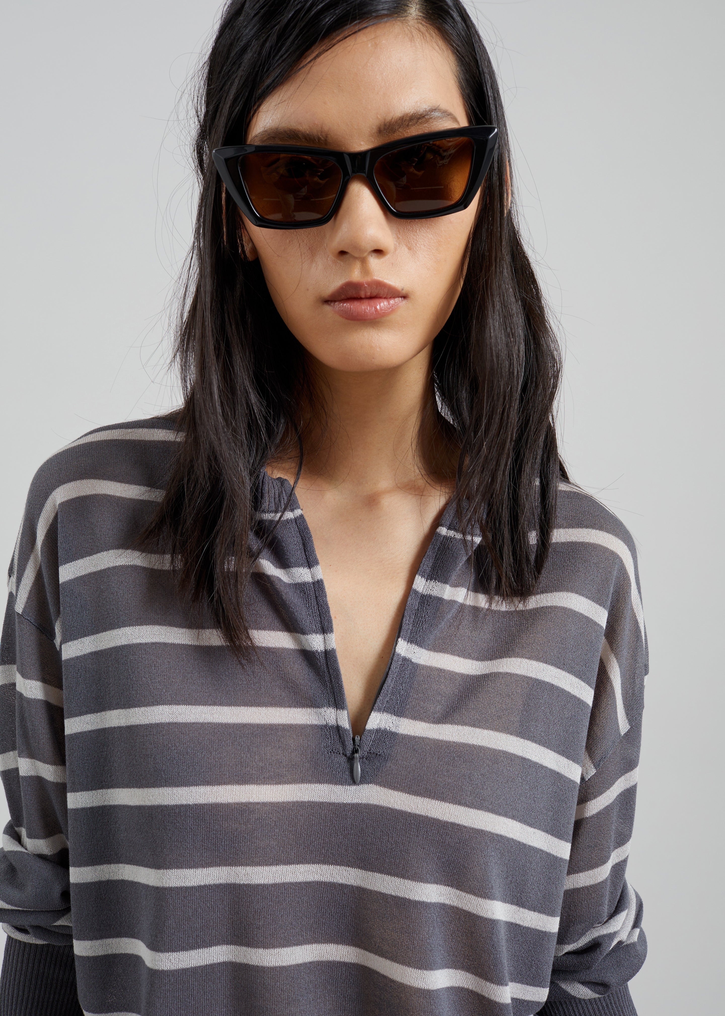 Nelas Knit Sheer Zip Pullover - Grey Stripe - 2