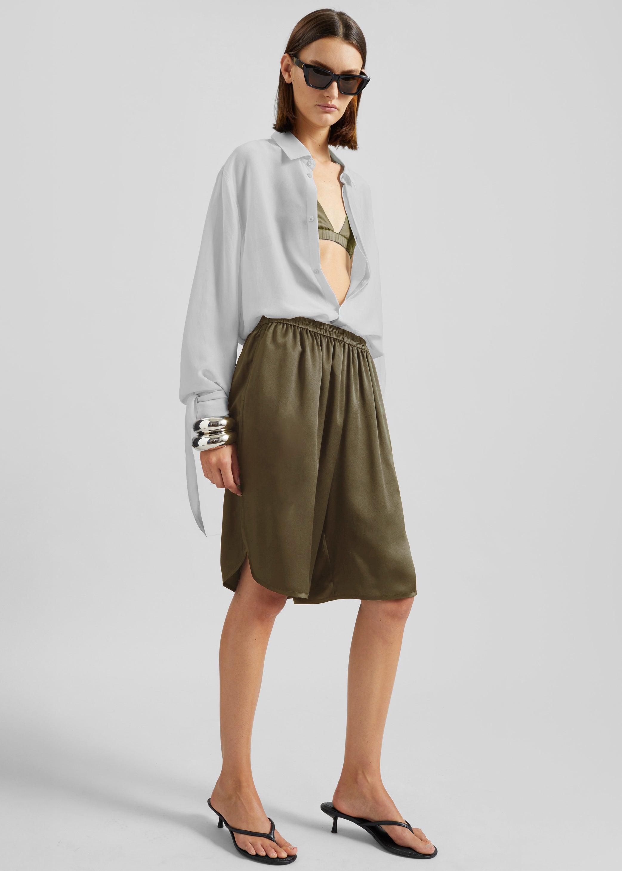 Shop the look image for Nelis Silk Bermuda Shorts - Olive