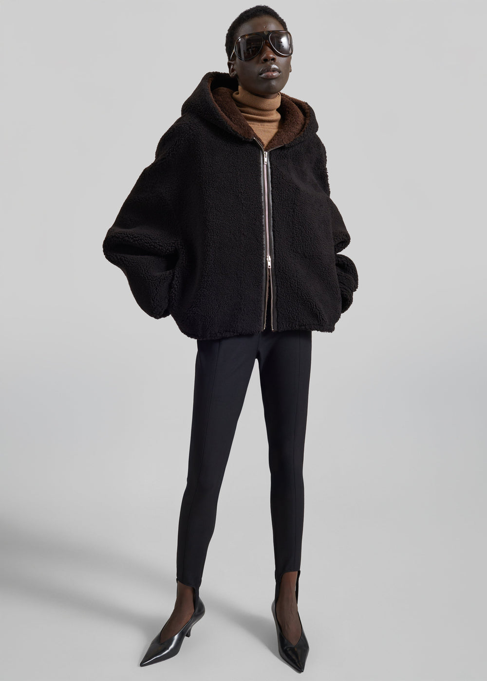 Nera Shearling Reversible Zip-Up Hooded Jacket - Dark Brown