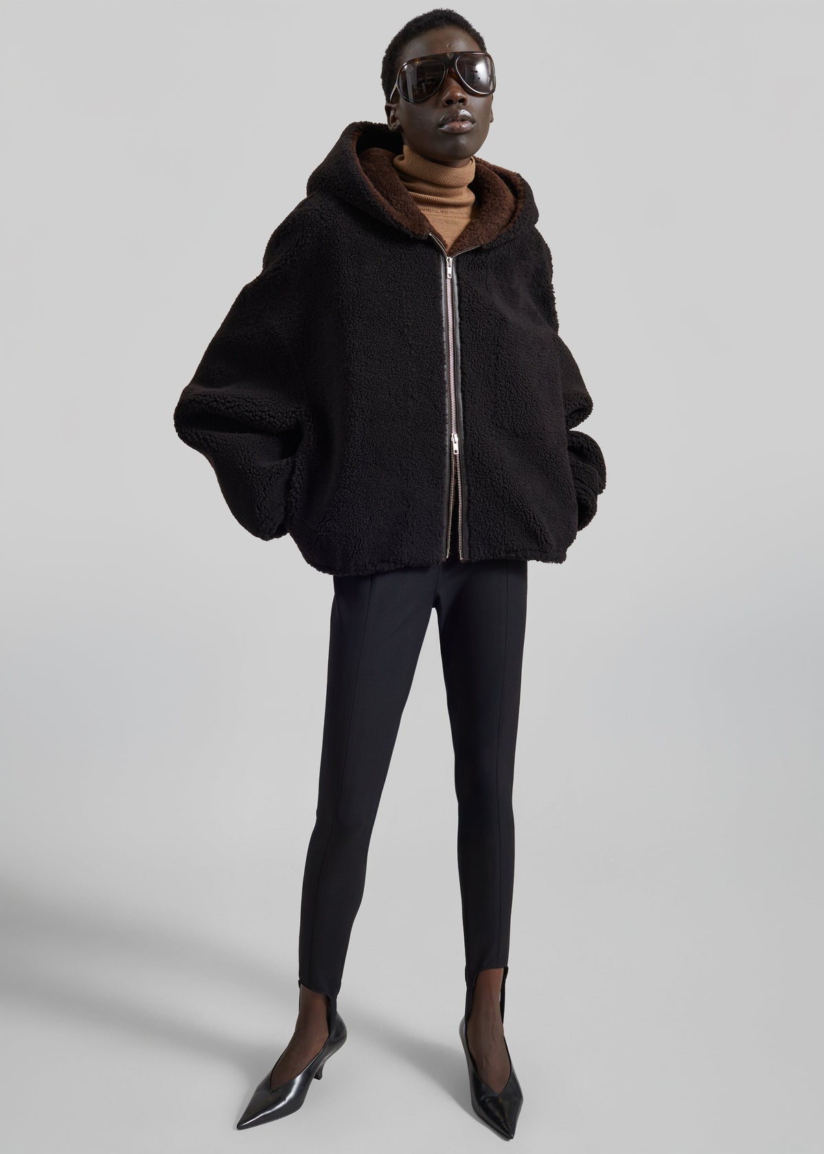 Shop the look image for Nera Shearling Reversible Zip-Up Hooded Jacket - Dark Brown