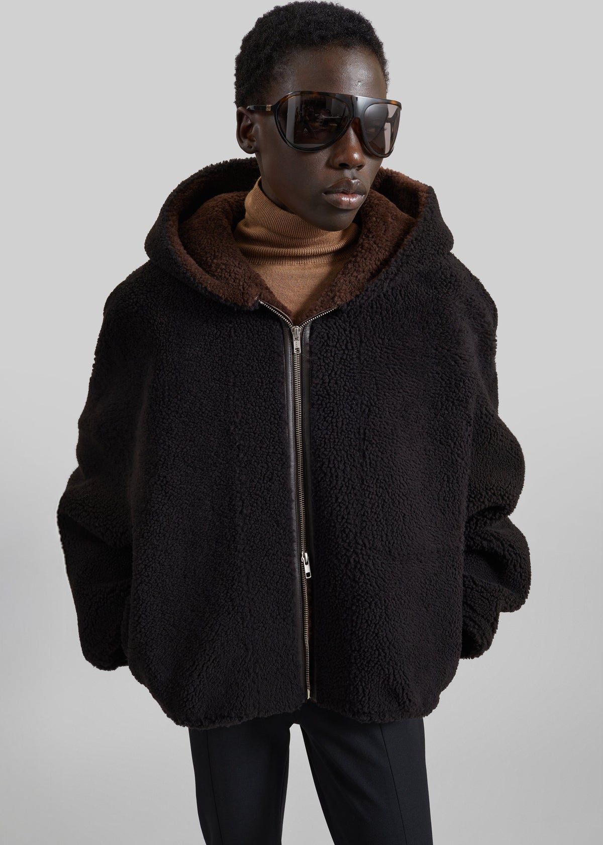 Nera Shearling Reversible Zip-Up Hooded Jacket - Dark Brown