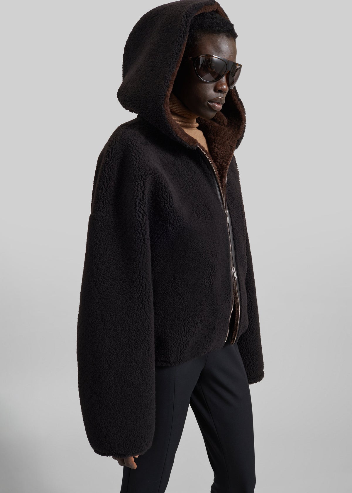 Nera Shearling Reversible Zip-Up Hooded Jacket - Dark Brown