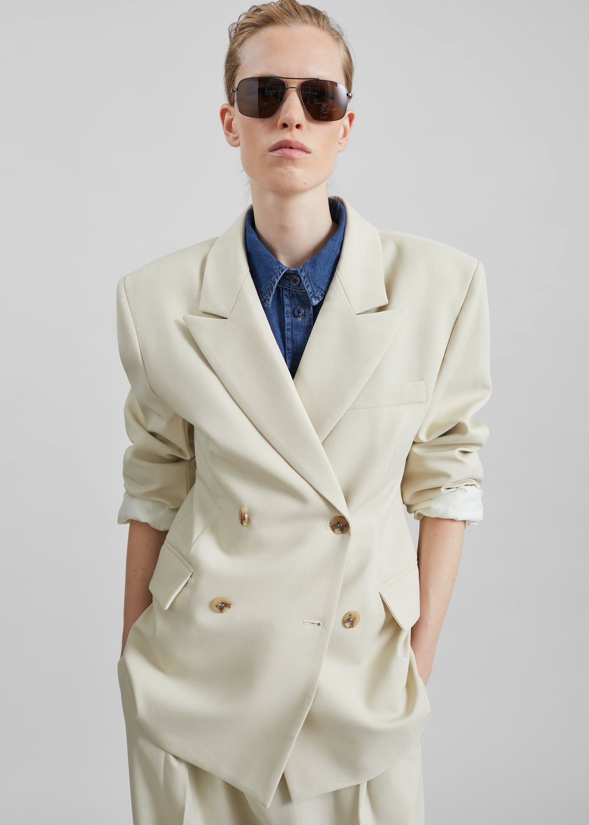Neria Double Breasted Blazer - Light Beige - 1