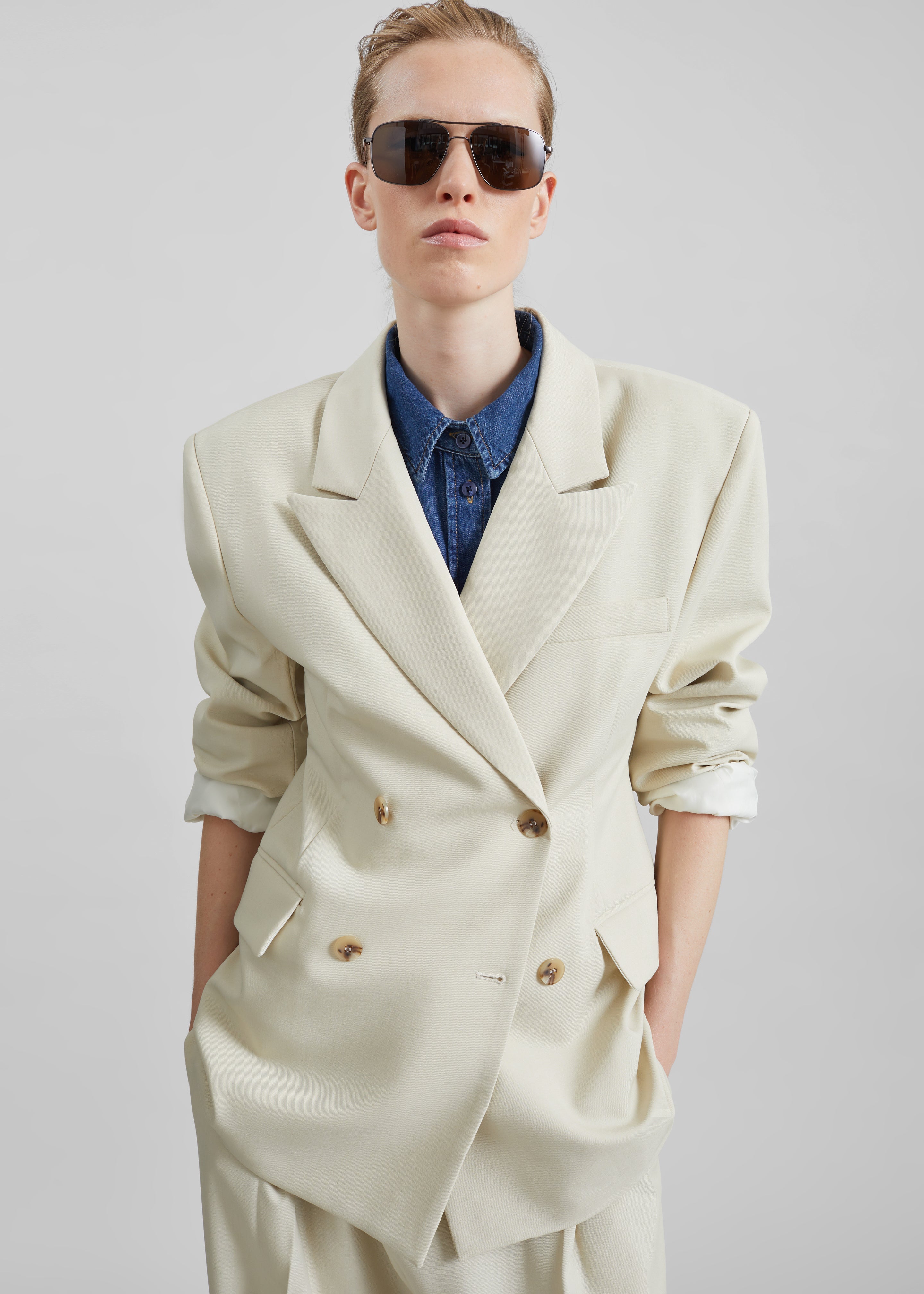 Neria Double Breasted Blazer - Light Beige - 1
