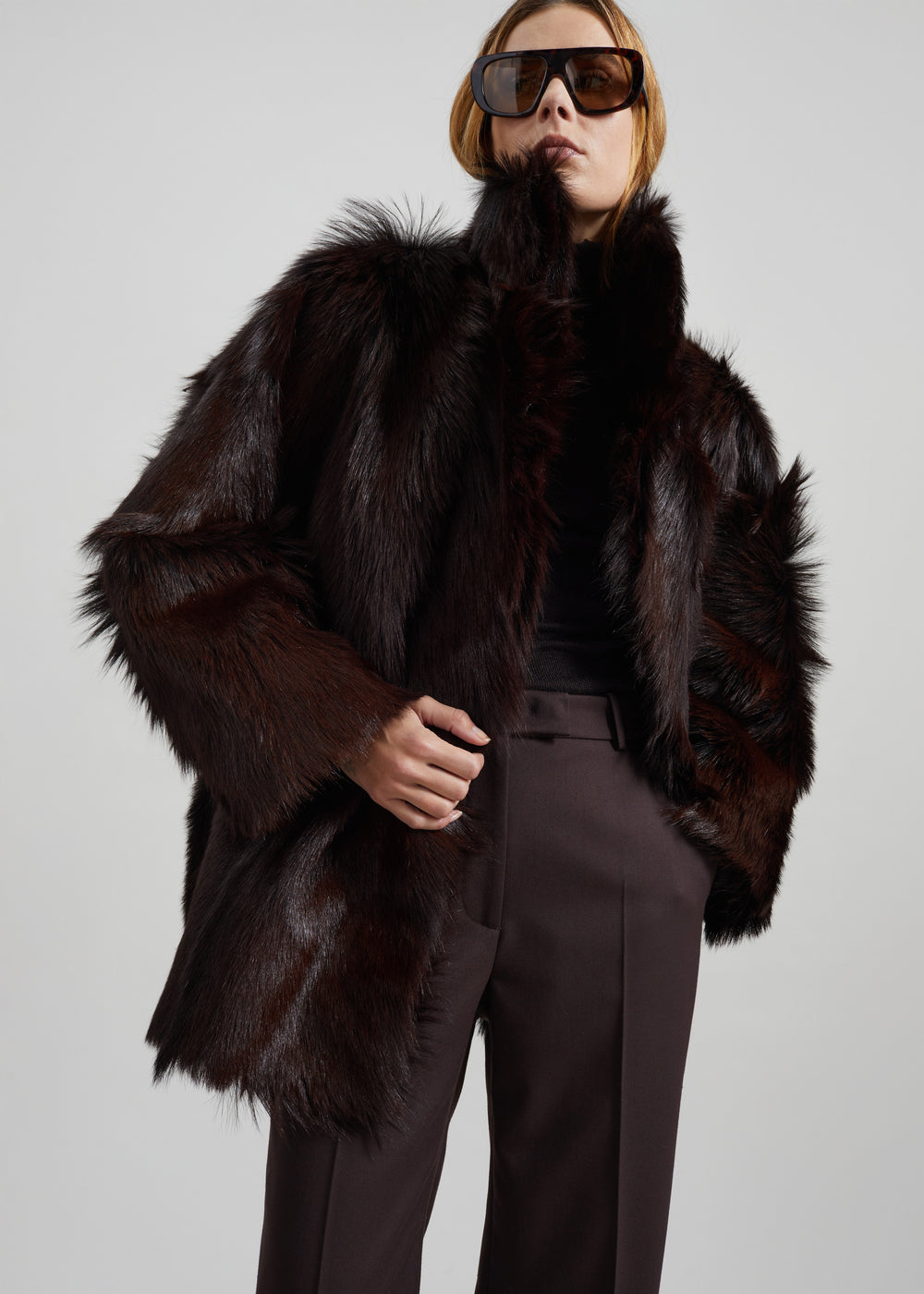 Nerola Funnel Neck Fur Coat - Plum