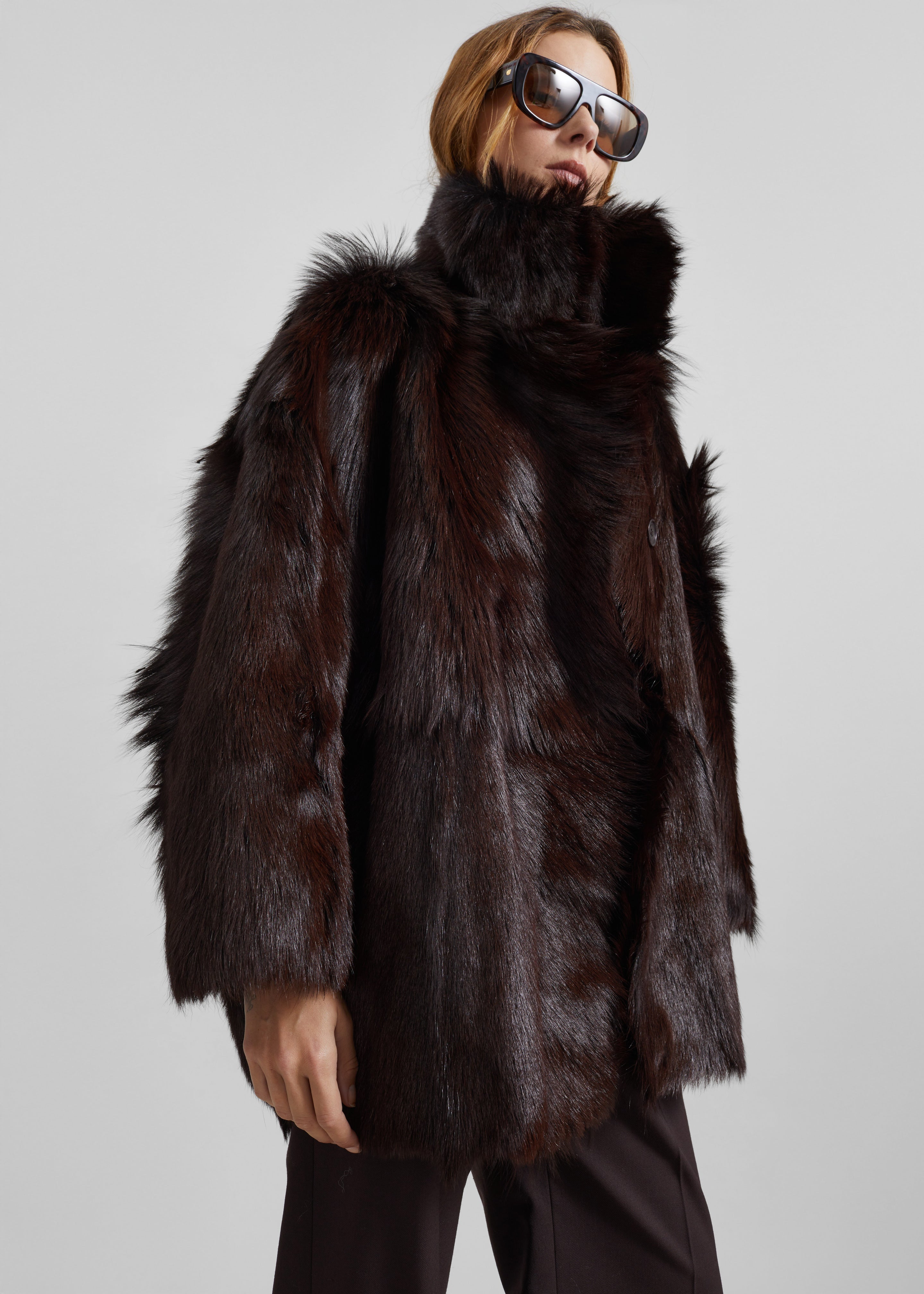 Nerola Funnel Neck Fur Coat - Plum - 5