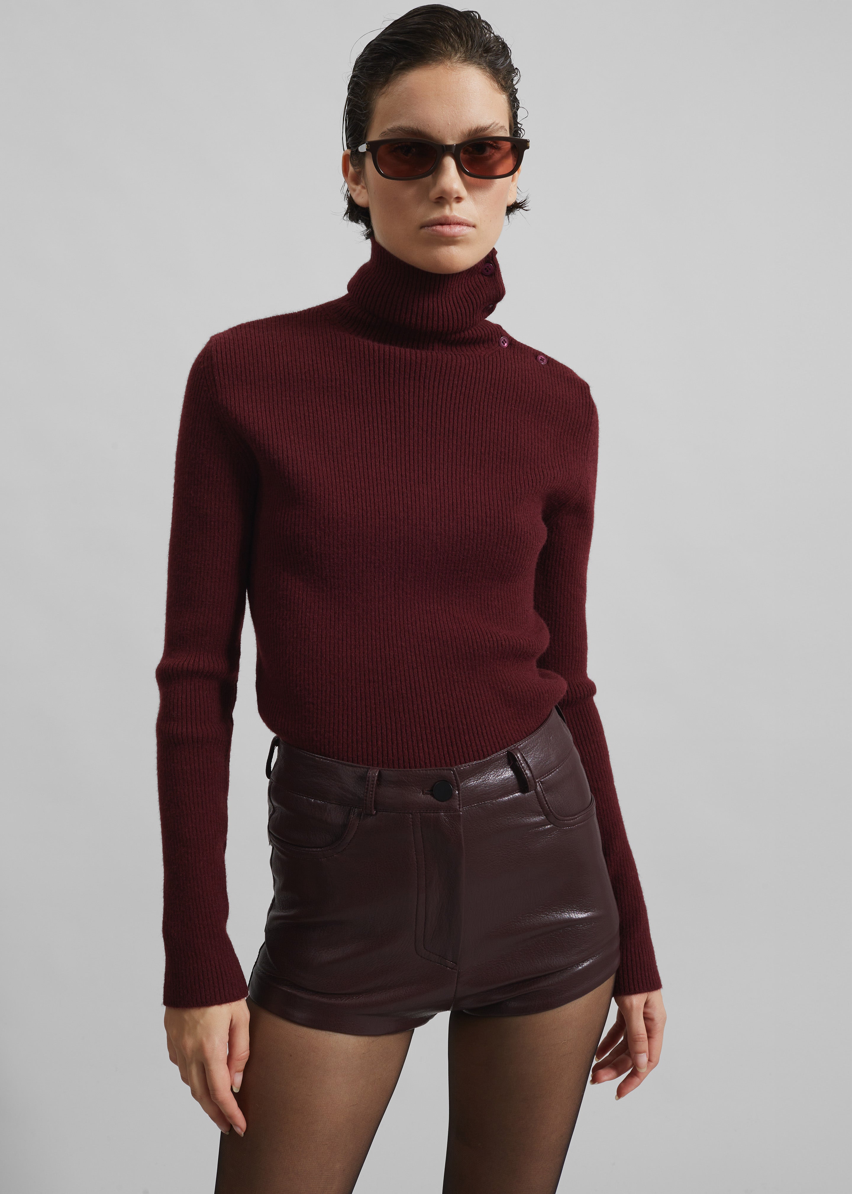 Nevis Faux Leather Hot Pants - Burgundy - 3