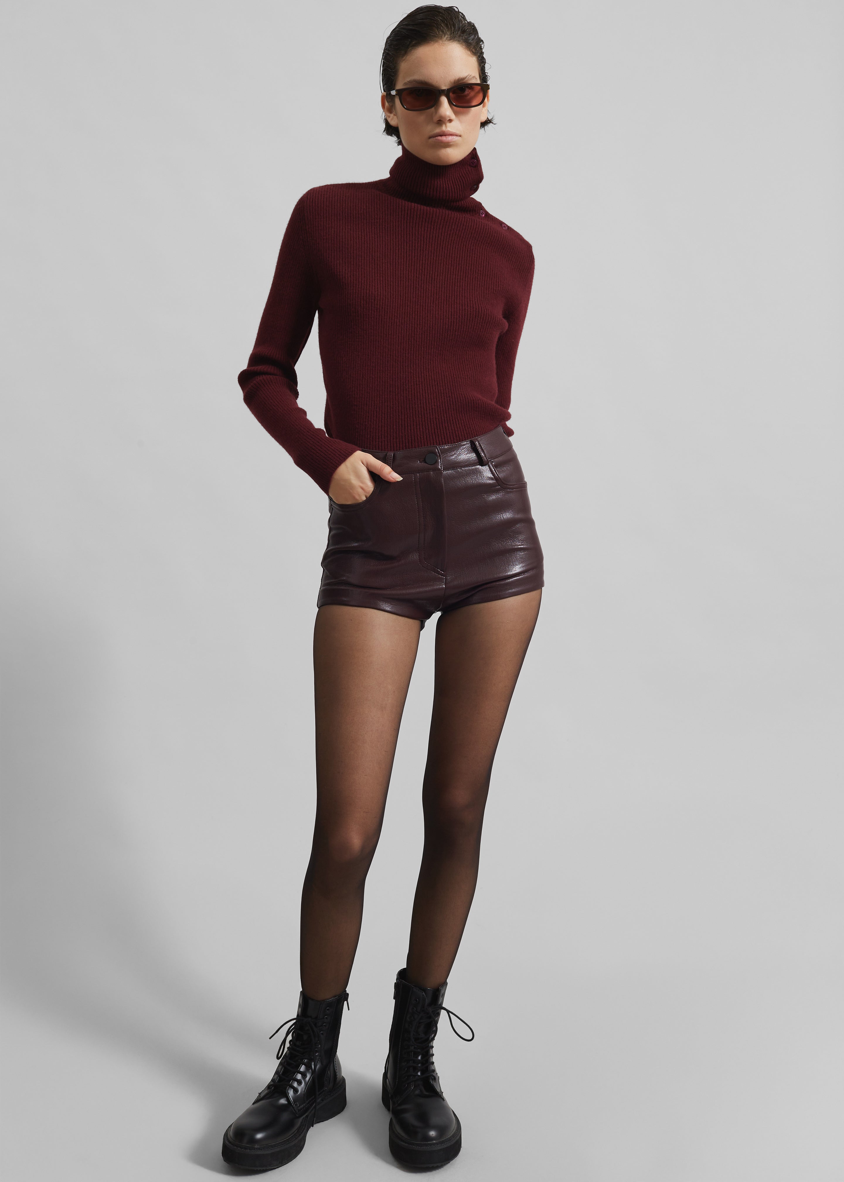 Nevis Faux Leather Hot Pants - Burgundy - 5