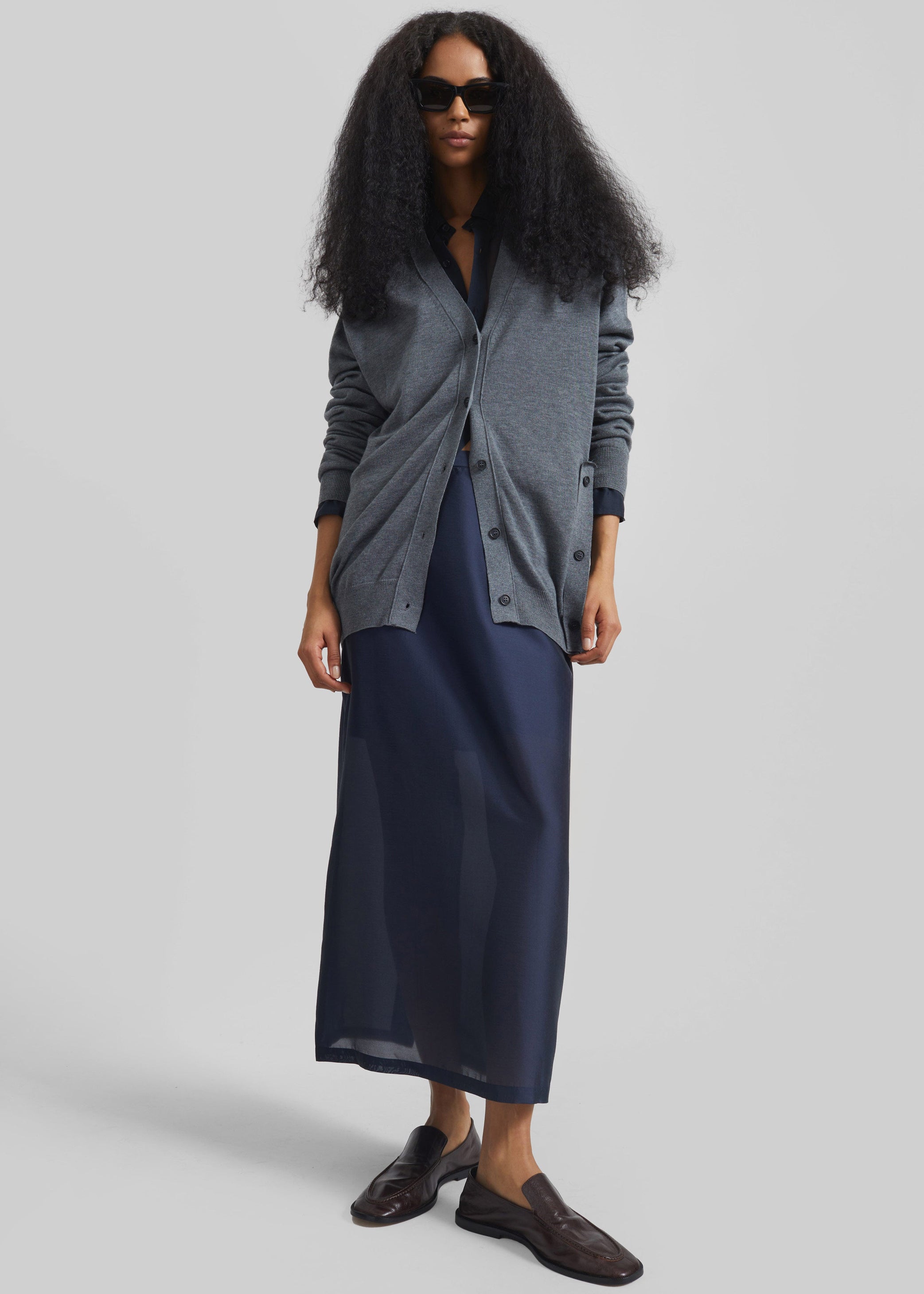 Shop the look image for Nevoy Sheer Midi Skirt - Navy