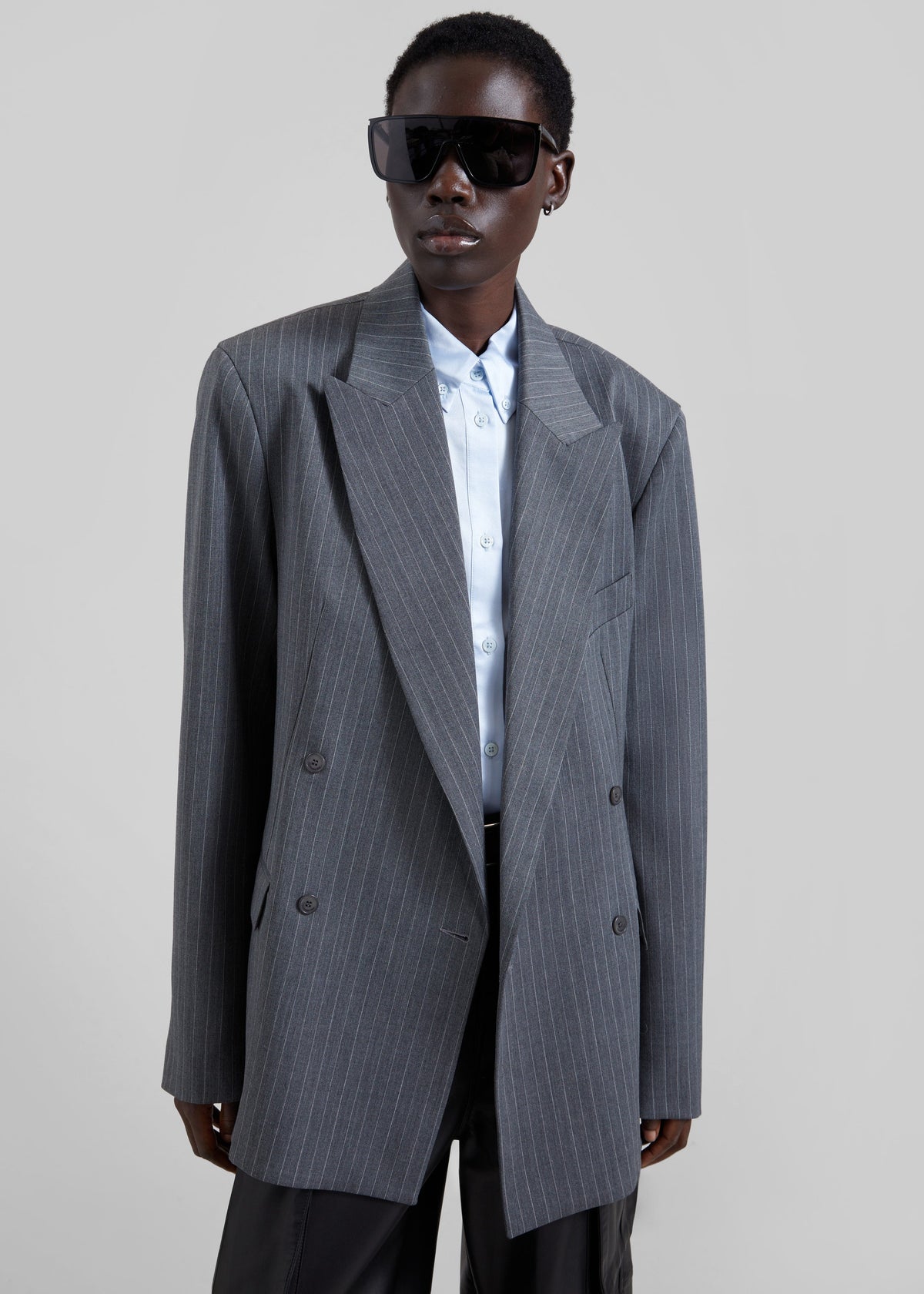 Newark Double Breasted Blazer - Grey/White Pinstripe