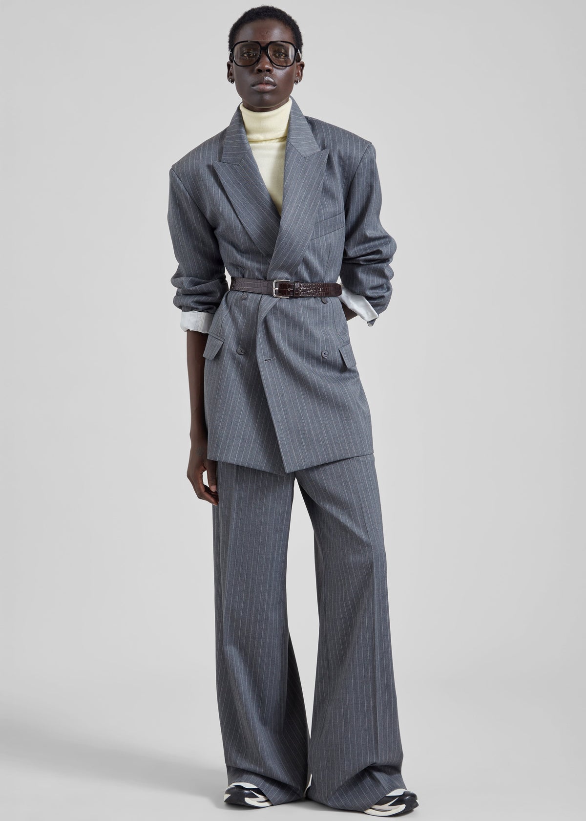 Shop the look image for Newark Double Breasted Blazer - Grey/White Pinstripe