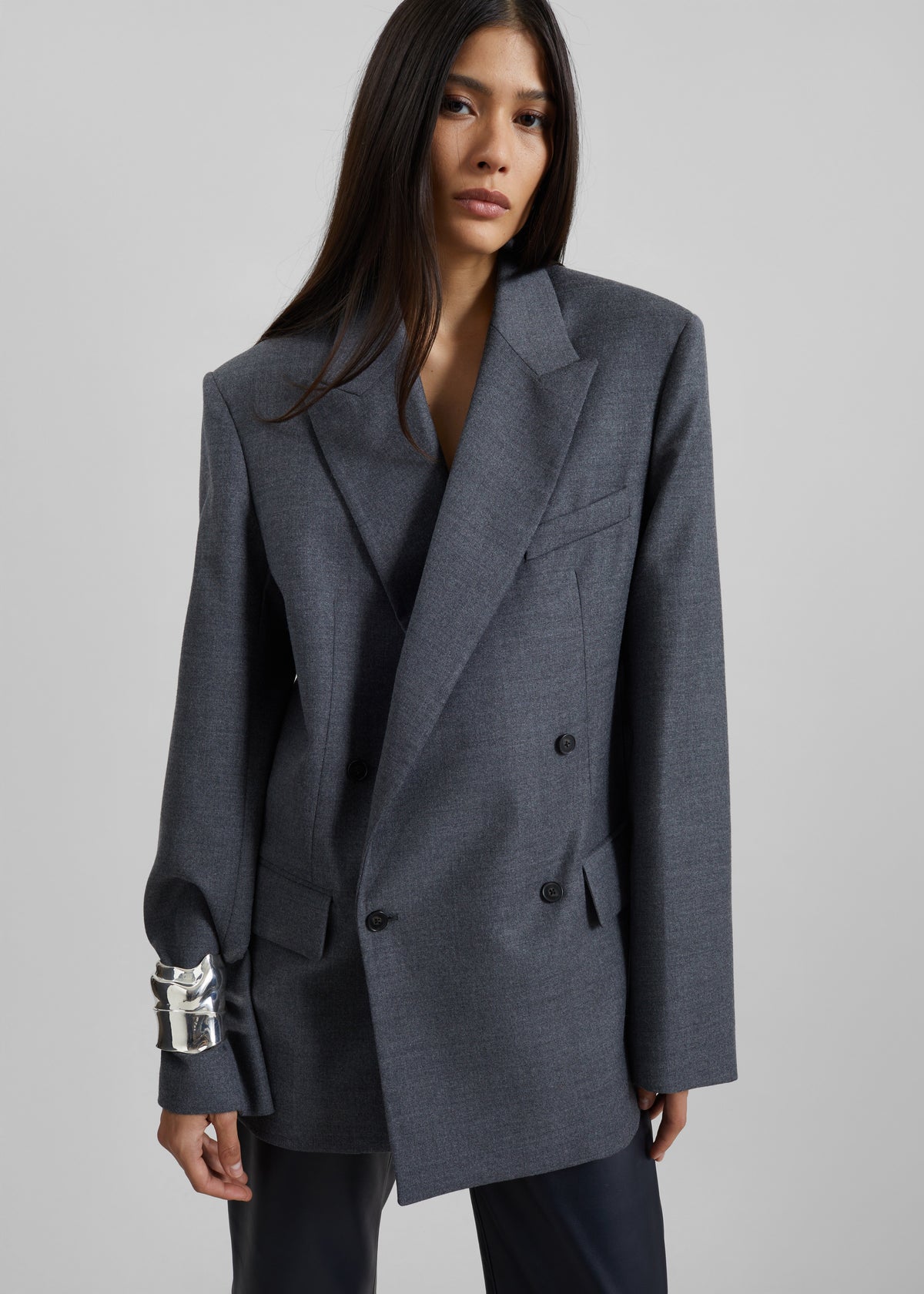 Newark Flannel Double Breasted Blazer - Grey Melange - 4