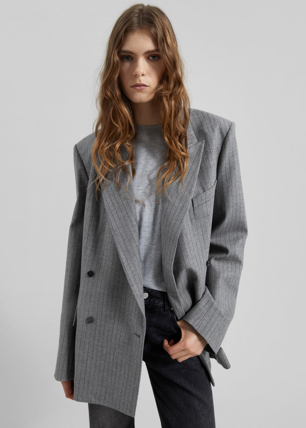 Newark Pinstripe Double Breasted Blazer - Grey/Brown