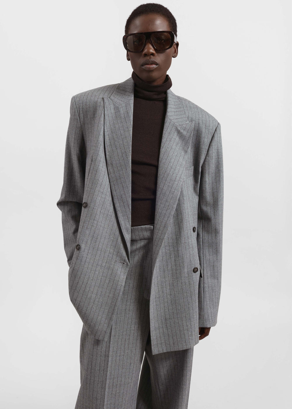 Newark Pinstripe Double Breasted Blazer - Grey/Brown - 1