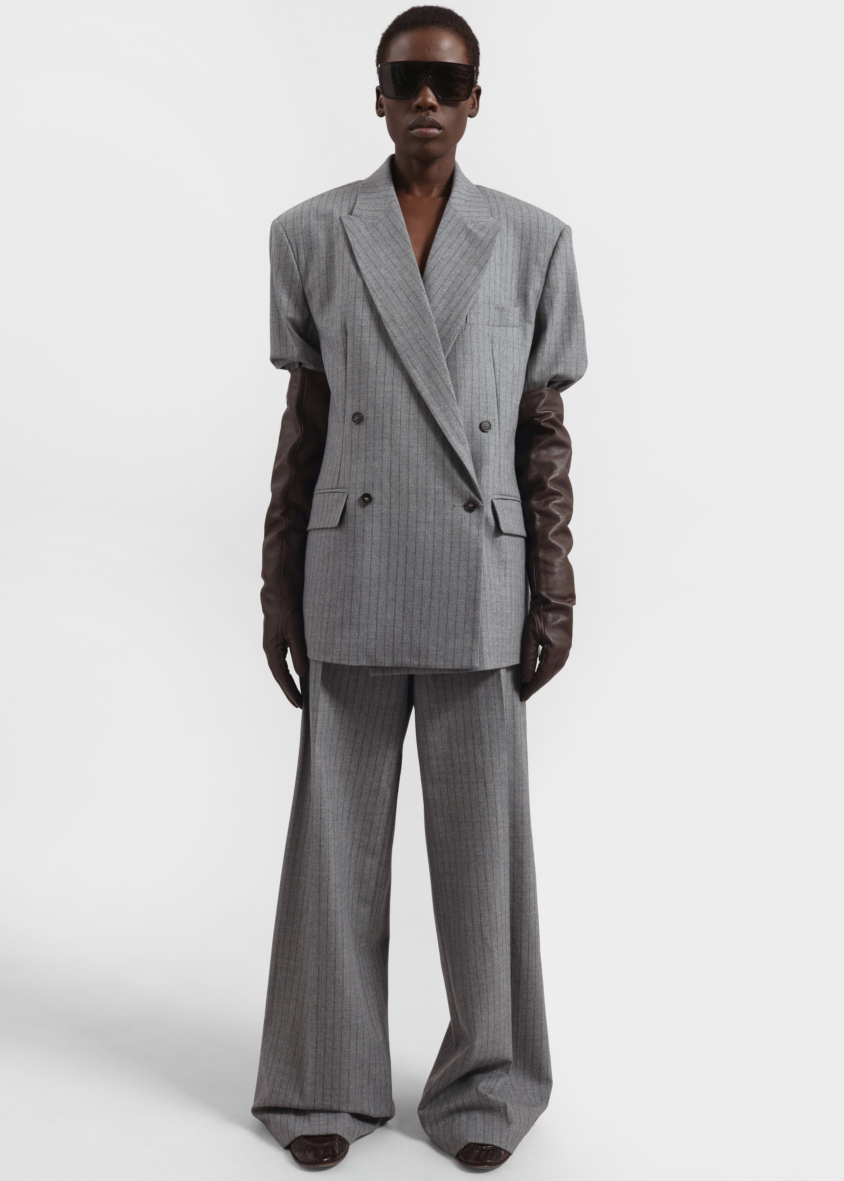 Newark Pinstripe Double Breasted Blazer - Grey/Brown – The Frankie
