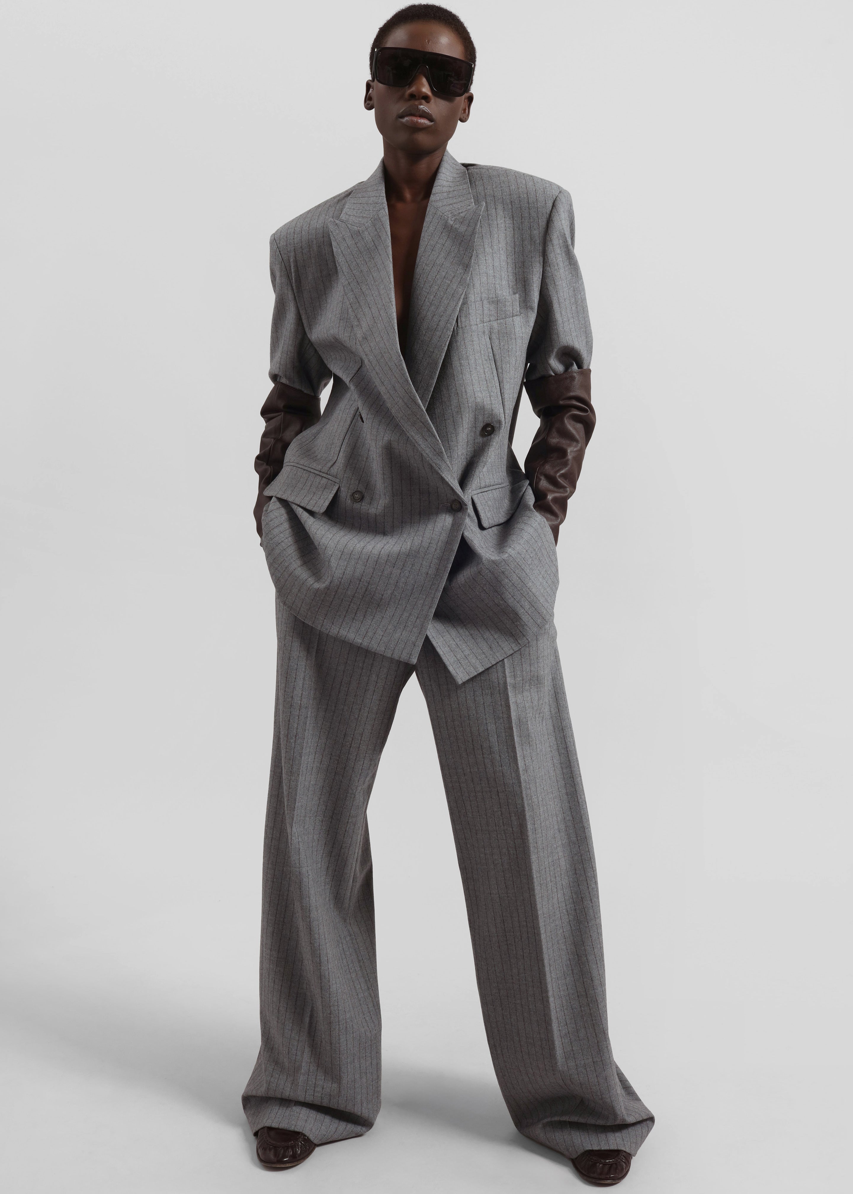 Newark Pinstripe Double Breasted Blazer - Grey/Brown – The Frankie
