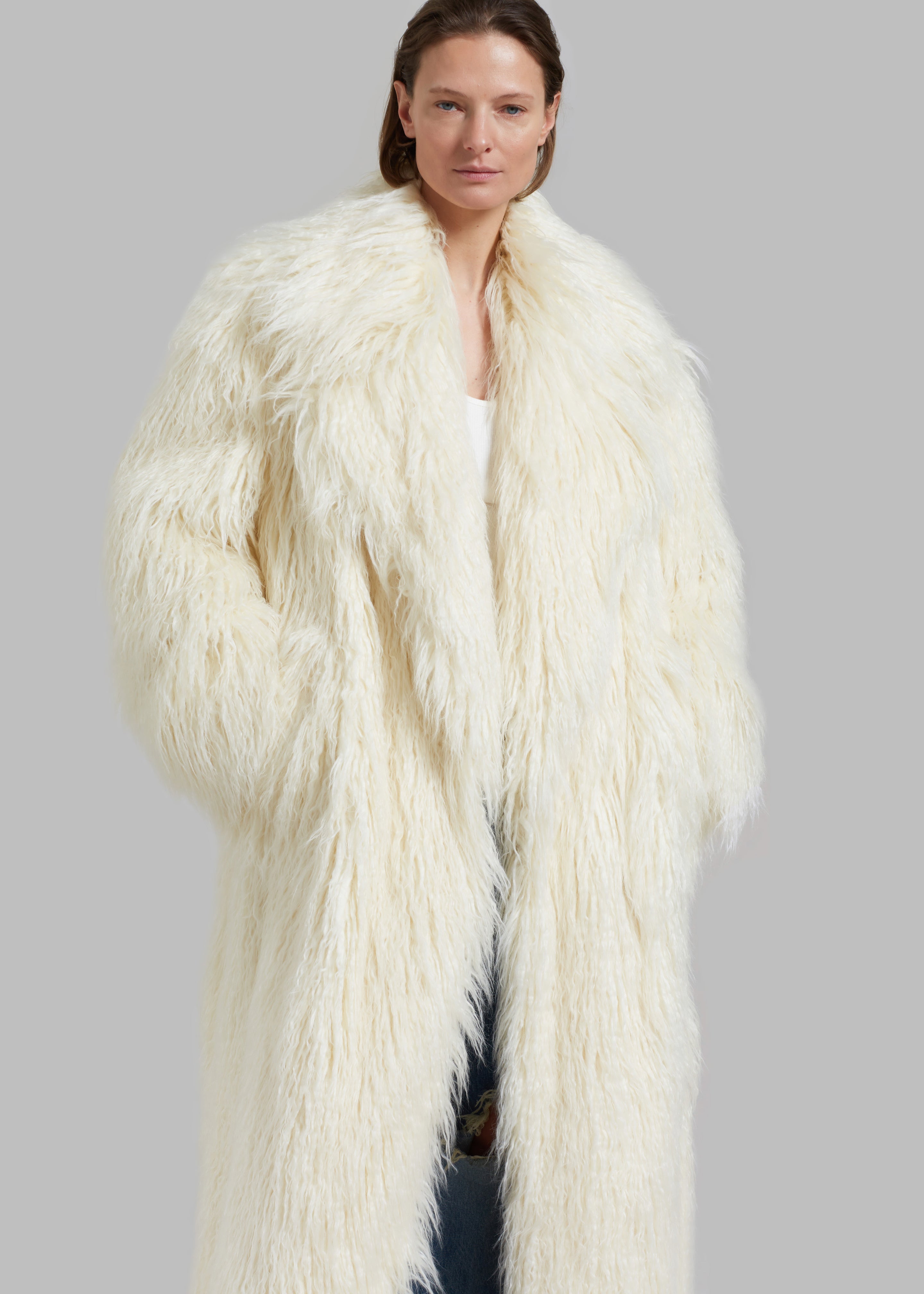 Nicole Long Faux Fur Coat - Off White - 4