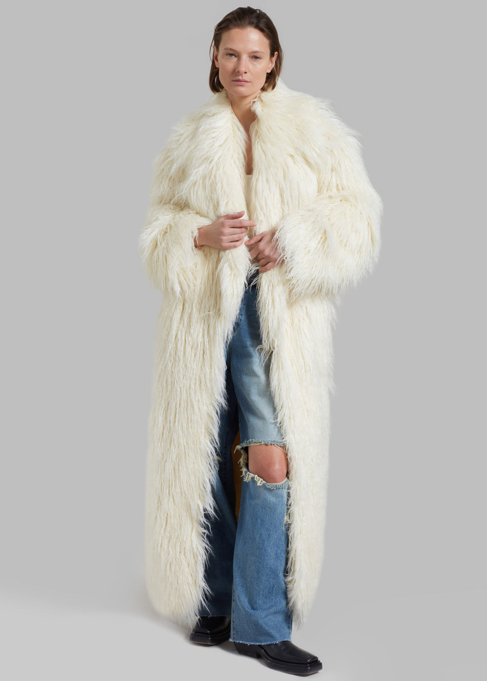 Nicole Long Faux Fur Coat - Off White - 1