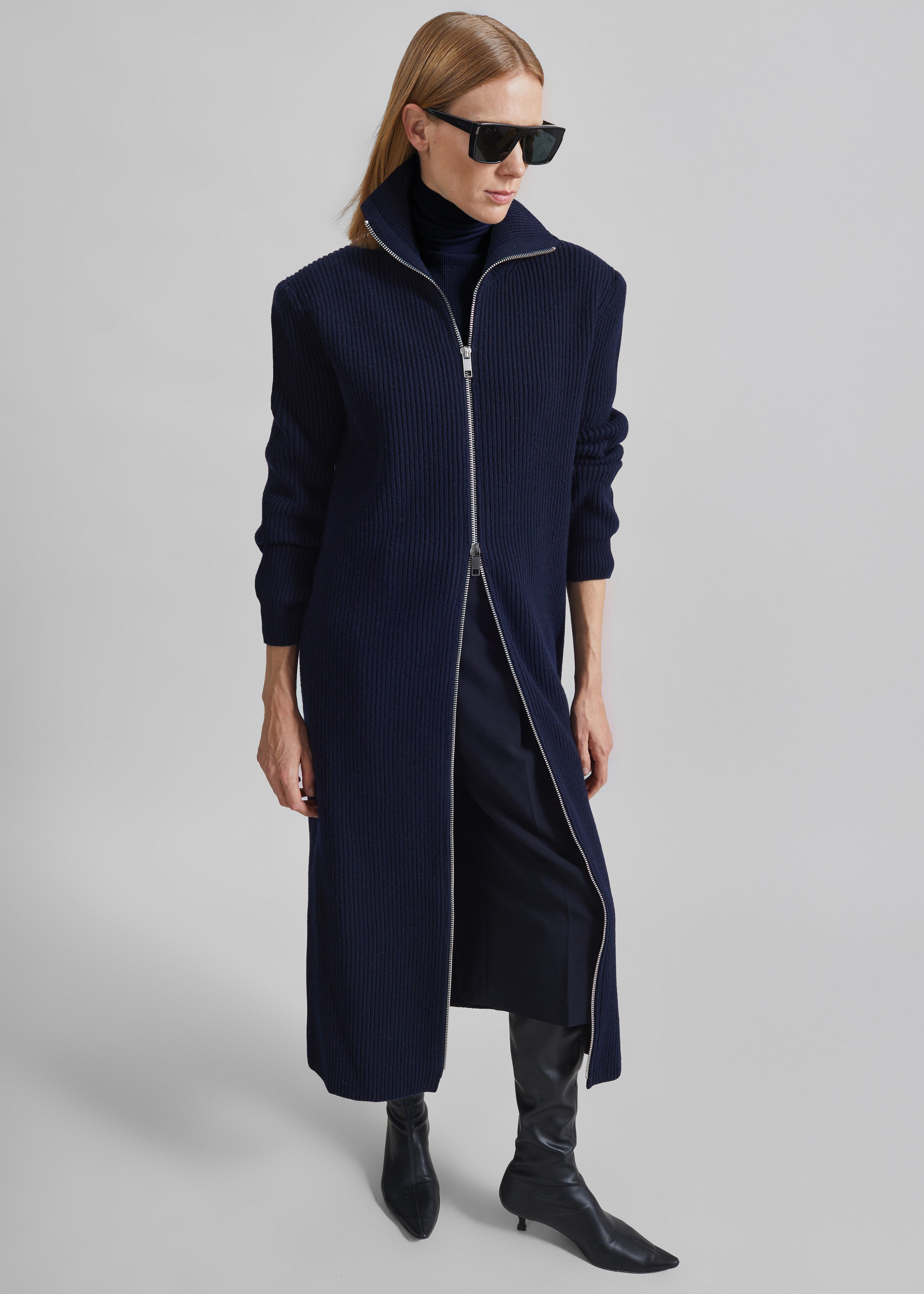 Nolia Knit Long Cardigan Dress - Navy - 1