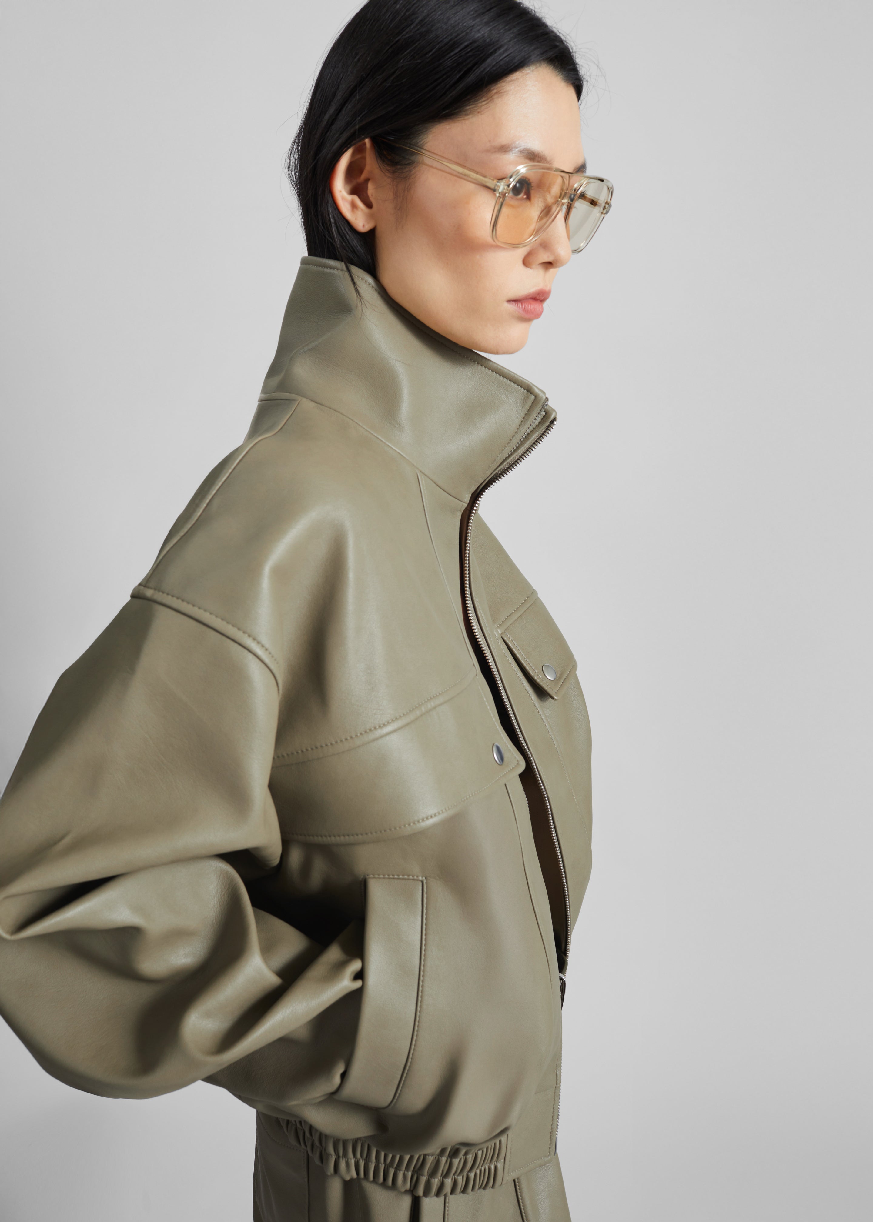 Nolita Faux Leather Bomber Jacket - Sage - 5
