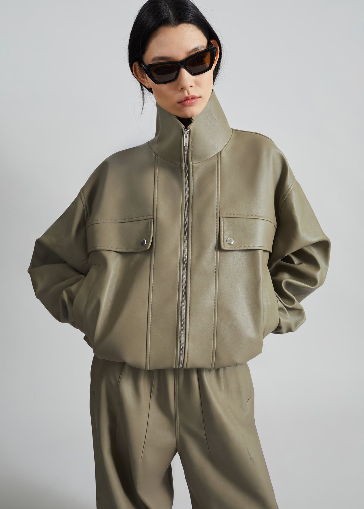 Nolita Faux Leather Bomber Jacket - Sage - 1