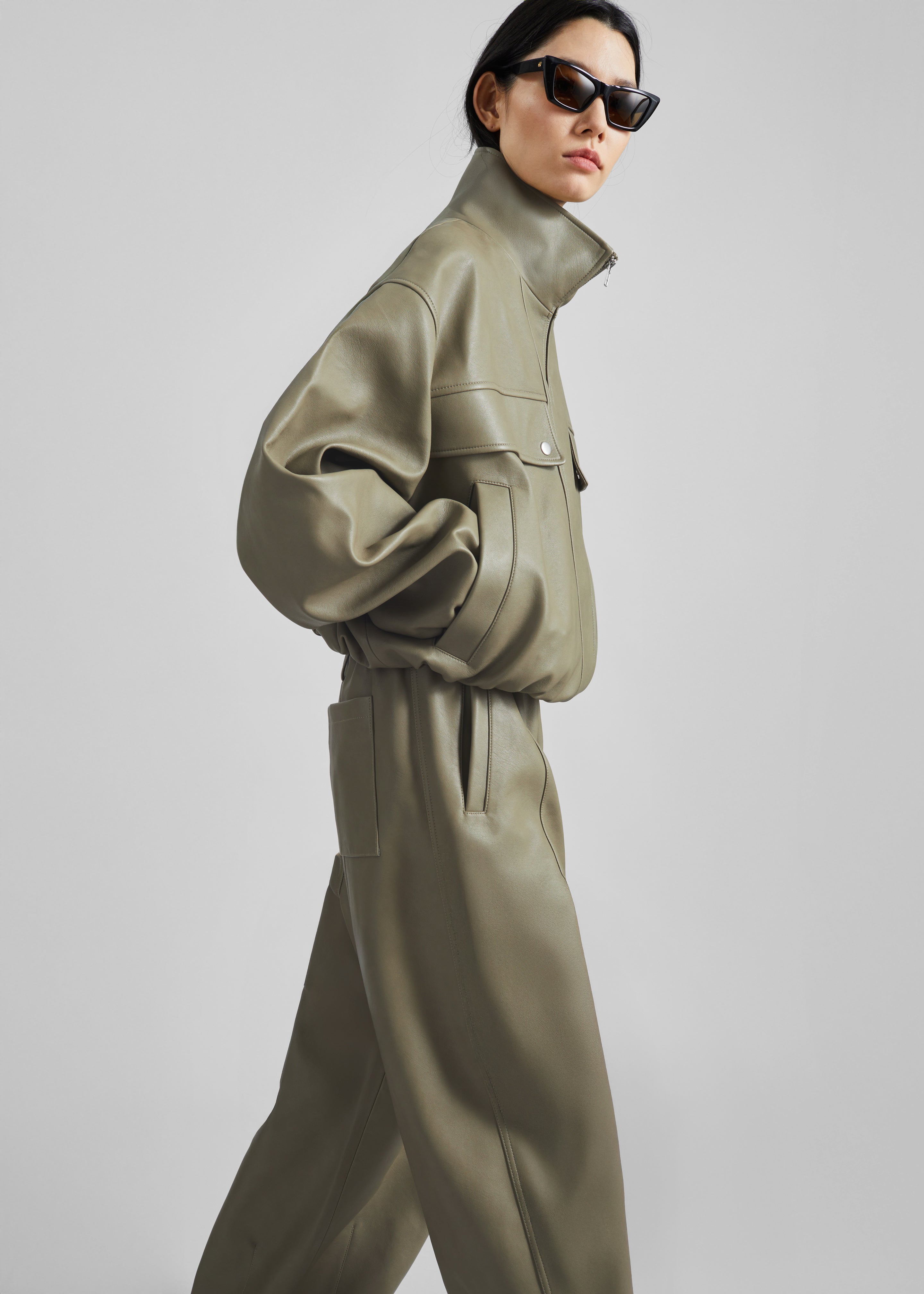 Nolita Faux Leather Bomber Jacket - Sage - 3