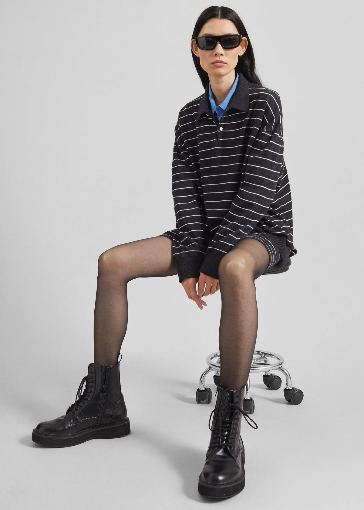 Nolma Knit Polo Sweater - Grey/White Stripe - 5