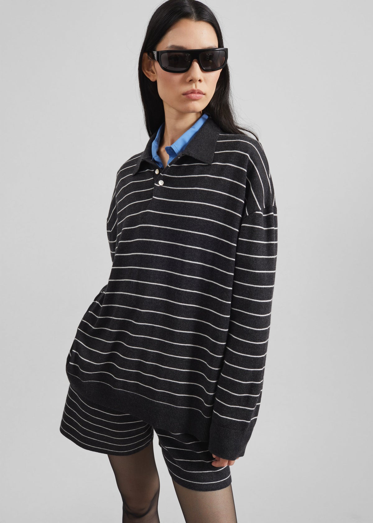 Nolma Knit Polo Sweater - Grey/White Stripe - 6